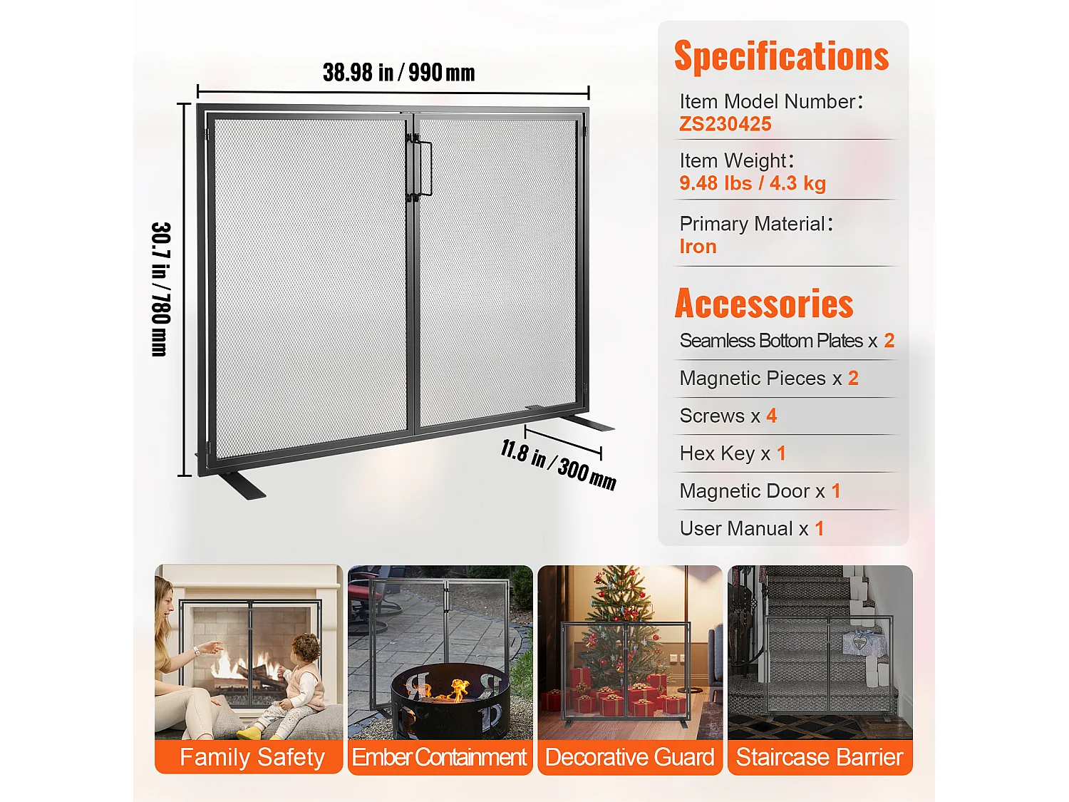 Pare-feu de Cheminée SucceBuy Pare-étincelles en Treillis Métallique 99 x 78 CM, 1 Panneau, Noir