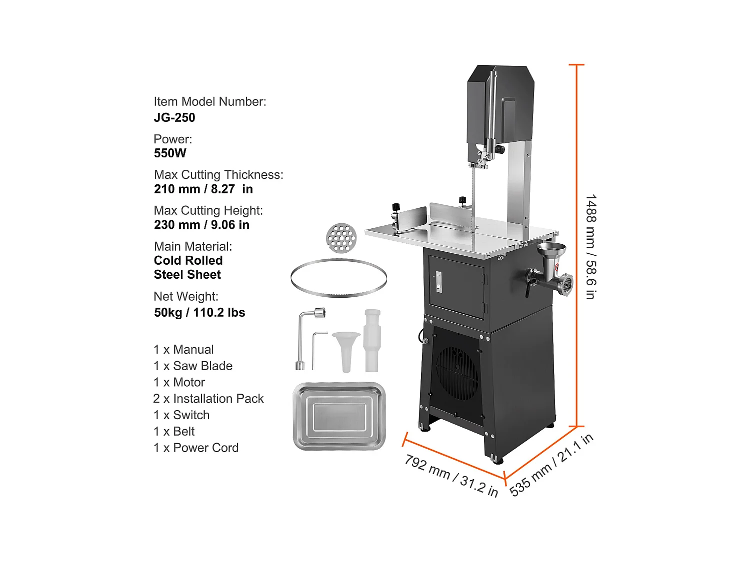 Machine de Scie à Os SucceBuy, Scie à Ruban Commerciale pour Viande 550 W, Acier Inoxydable
