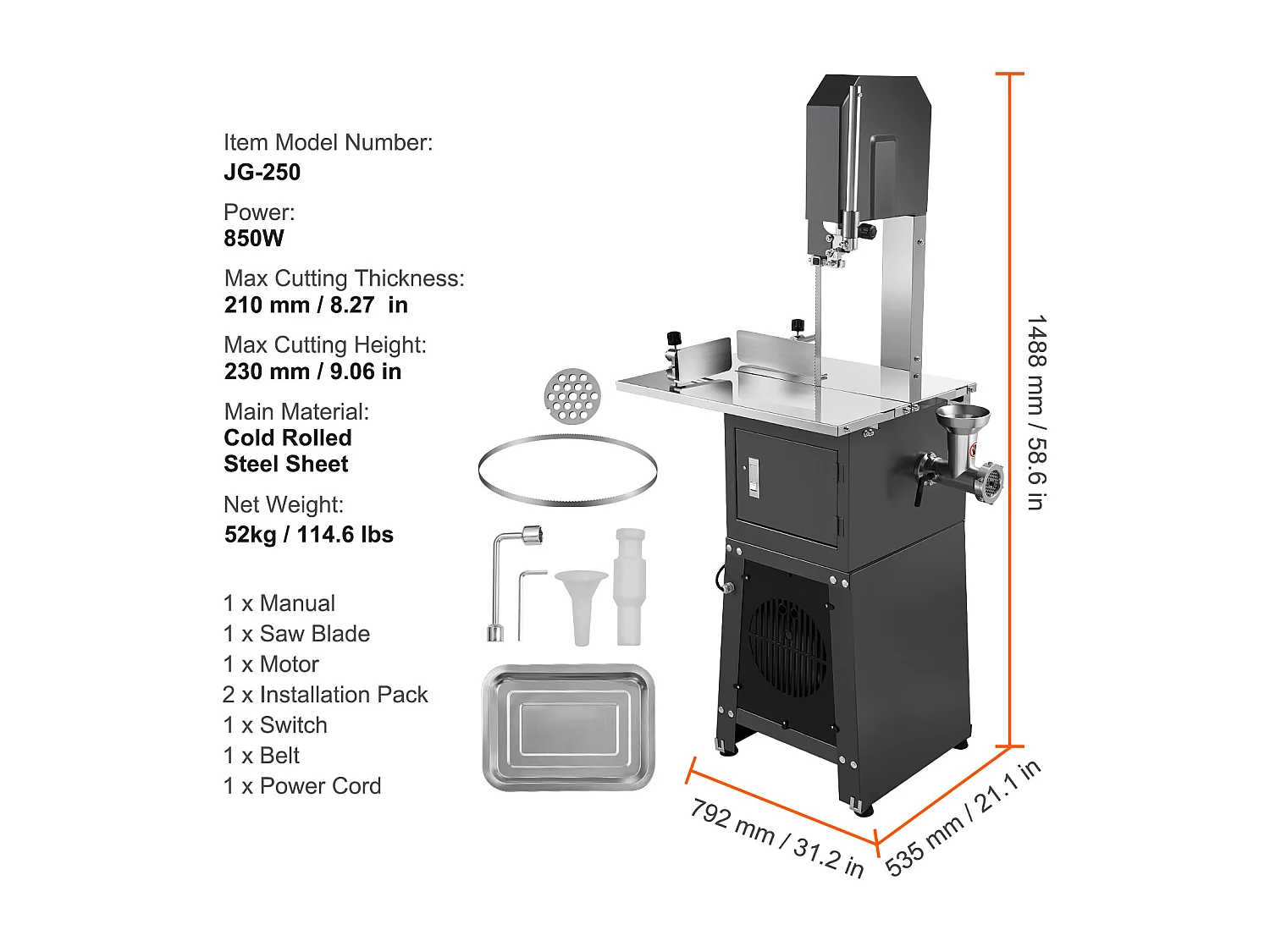 Machine de Scie à Os SucceBuy, Scie à Ruban Électrique Commerciale pour Diverses Viandes, 850 W, Acier Inoxydable