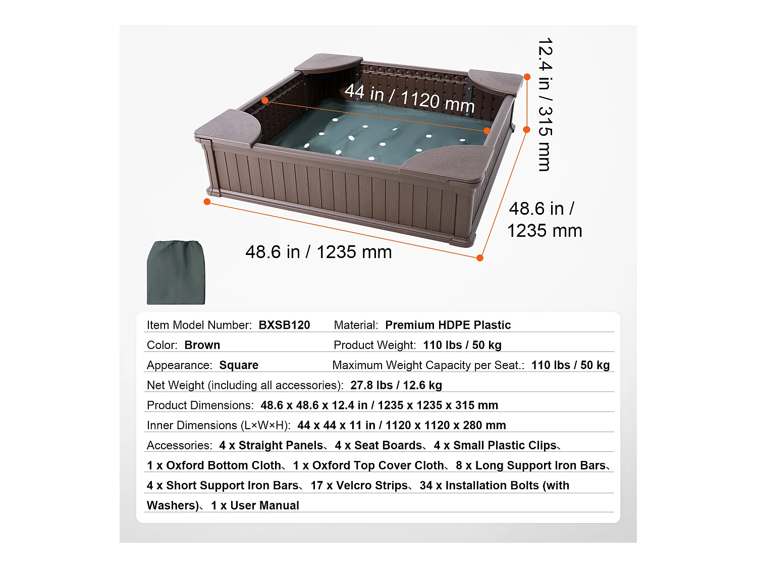 Bac à sable SucceBuy, Carré HDPE, Extérieur Jardin, 3-12 Ans, pour Extérieur, Jardin, Plage, Parc