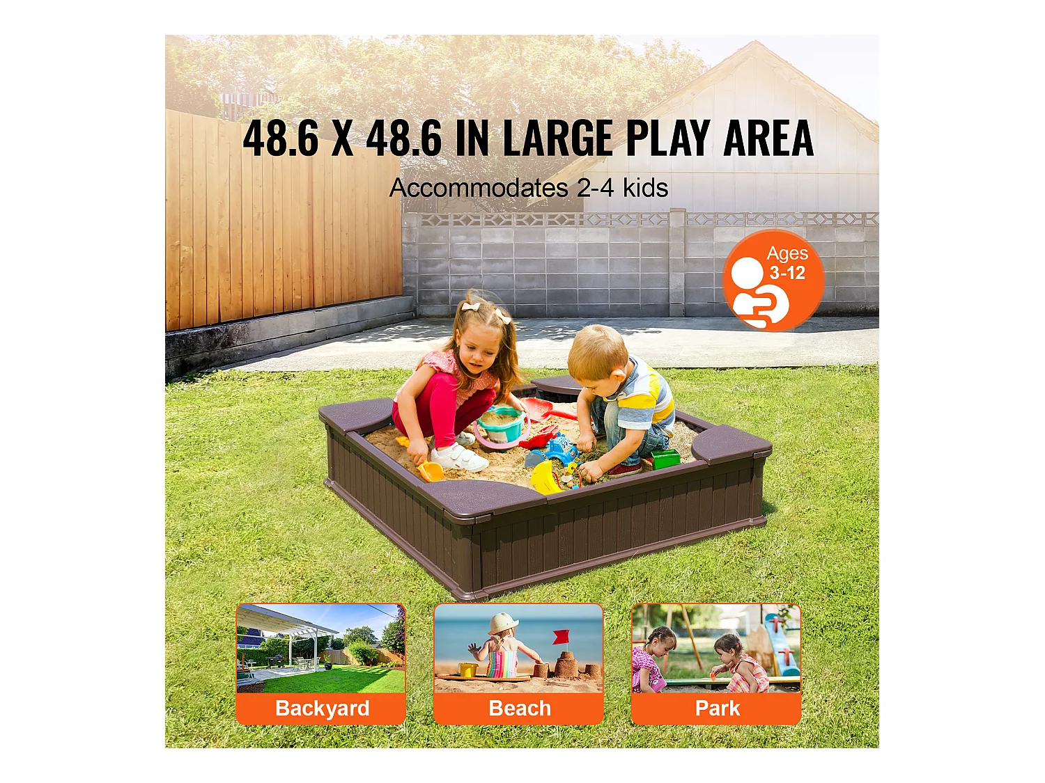 Bac à sable SucceBuy, Carré HDPE, Extérieur Jardin, 3-12 Ans, pour Extérieur, Jardin, Plage, Parc