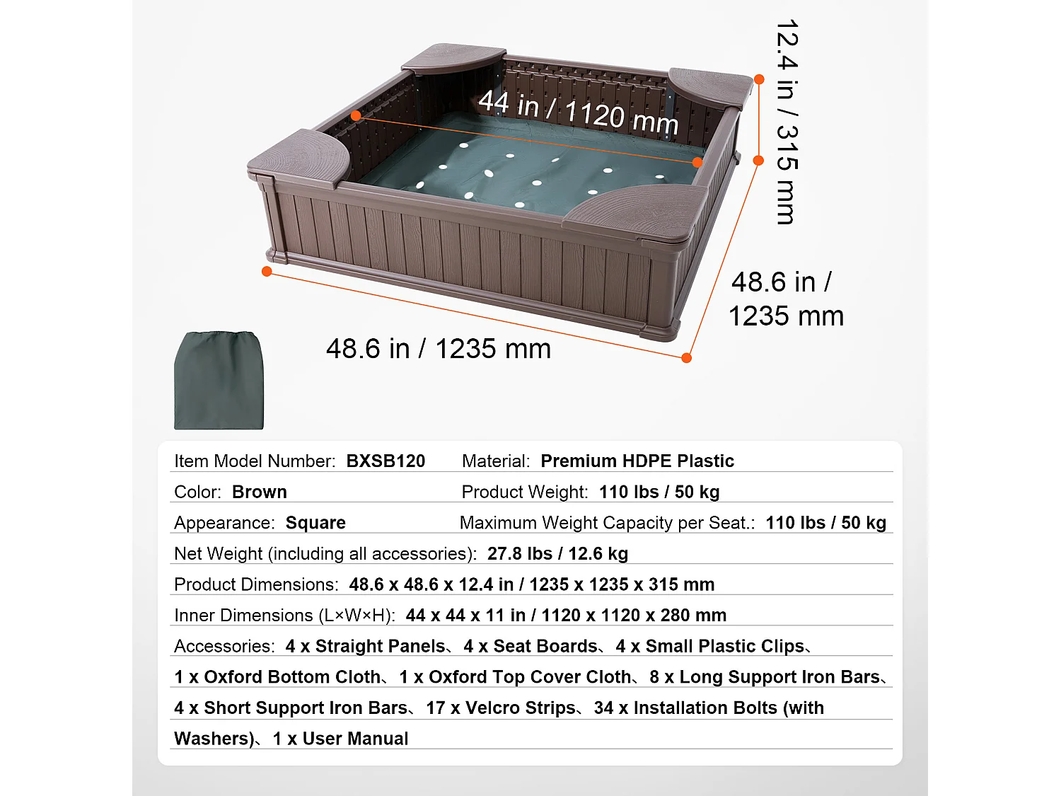 Bac à sable SucceBuy, Carré HDPE, Extérieur Jardin, 3-12 Ans, pour Extérieur, Jardin, Plage, Parc