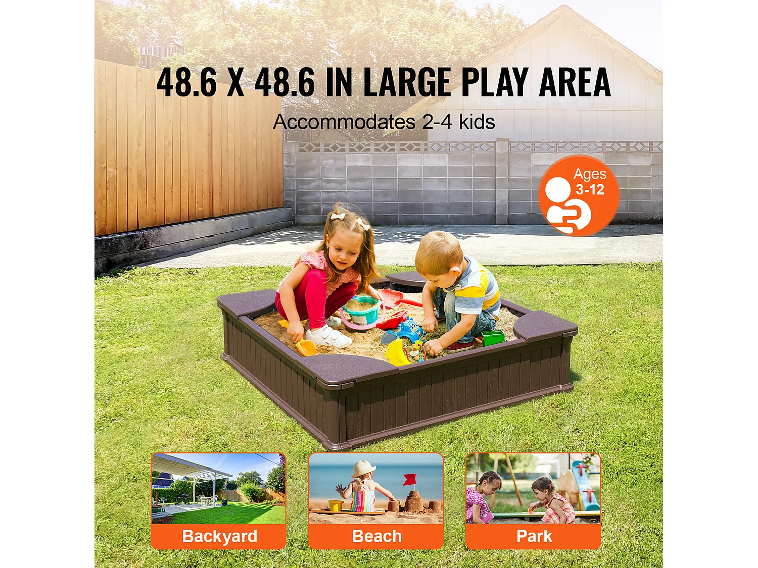 Bac à sable SucceBuy, Carré HDPE, Extérieur Jardin, 3-12 Ans, pour Extérieur, Jardin, Plage, Parc