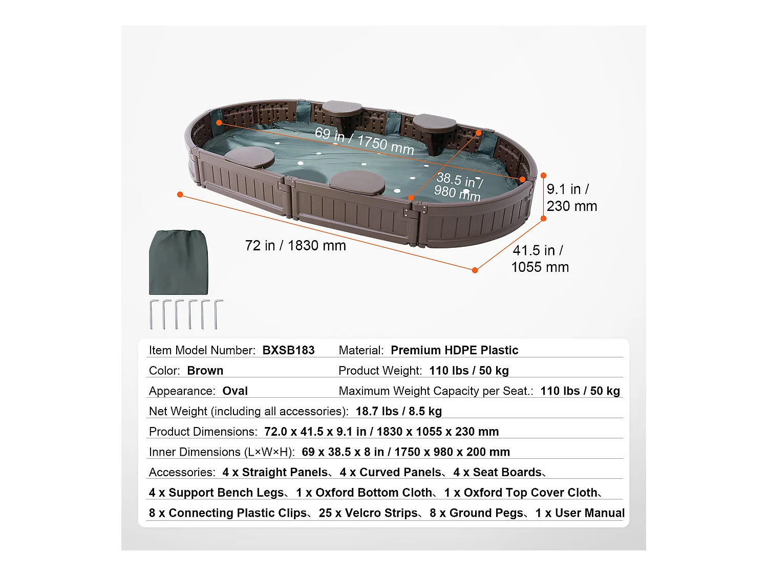 Bac à Sable SucceBuy, Ovale HDPE, Extérieur Jardin, 3-12 Ans, pour Événements, Fêtes, Décoration Intérieure