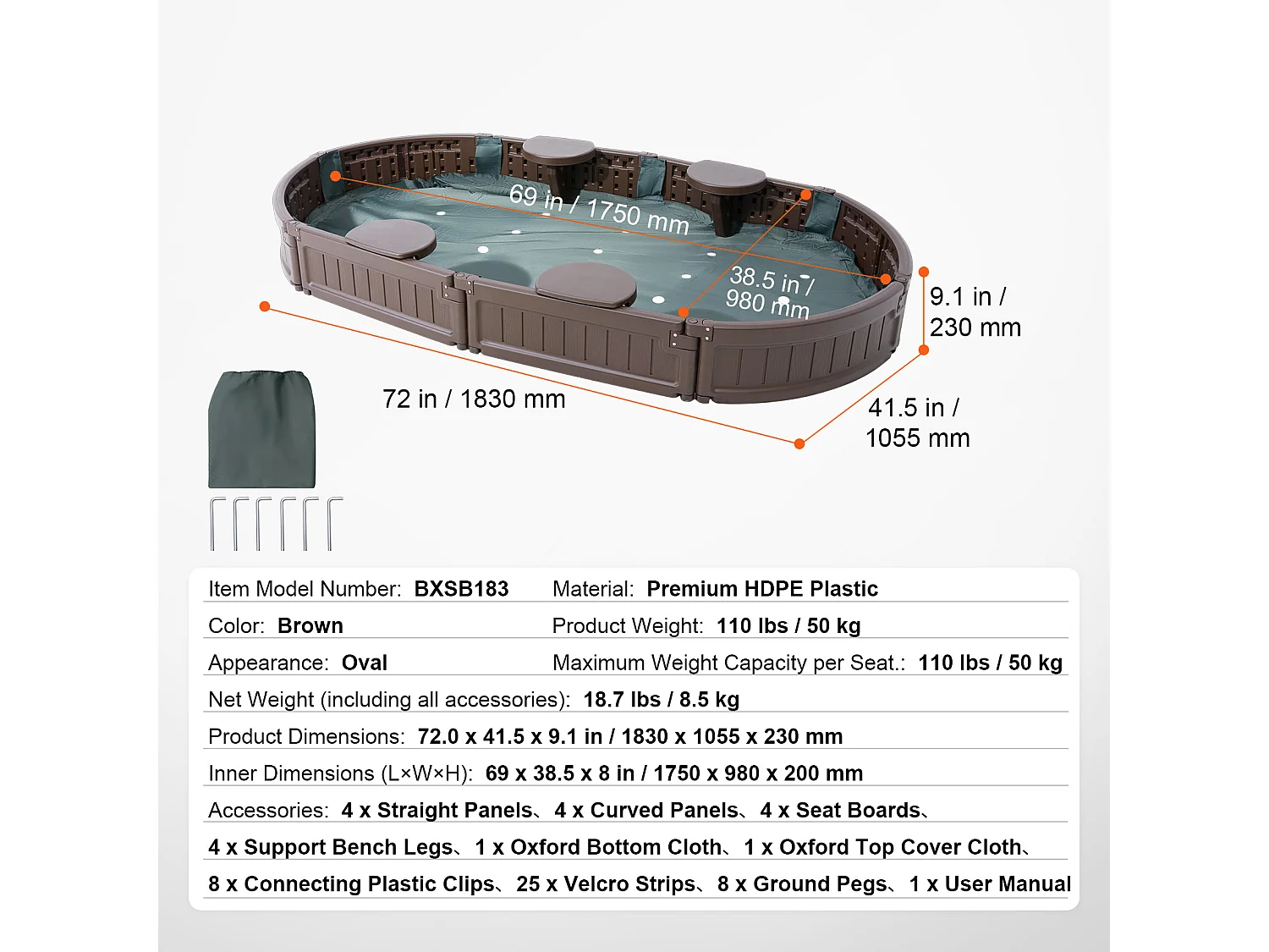 Bac à Sable SucceBuy, Ovale HDPE, Extérieur Jardin, 3-12 Ans, pour Événements, Fêtes, Décoration Intérieure