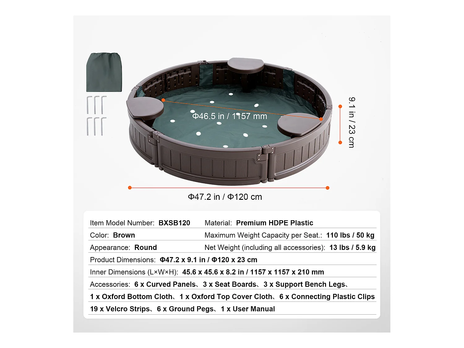 Bac à Sable SucceBuy, Rond HDPE, Extérieur Jardin, 3-12 Ans, pour Extérieur, Jardin, Plage, Parc