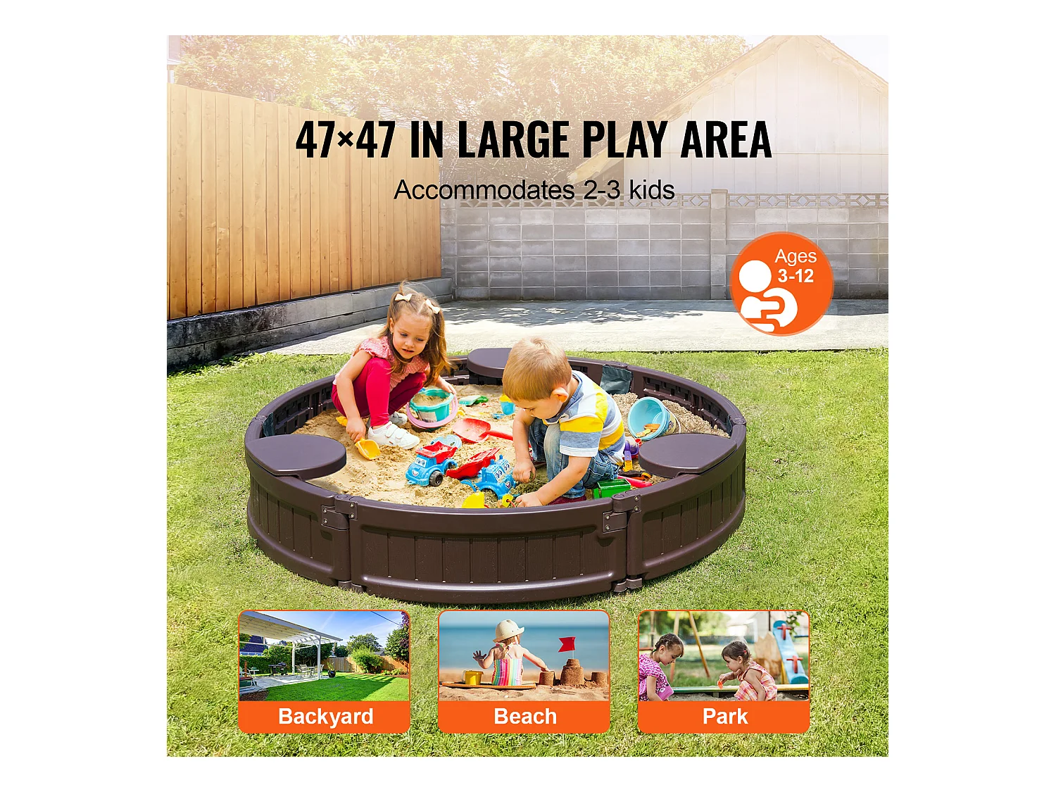 Bac à Sable SucceBuy, Rond HDPE, Extérieur Jardin, 3-12 Ans, pour Extérieur, Jardin, Plage, Parc