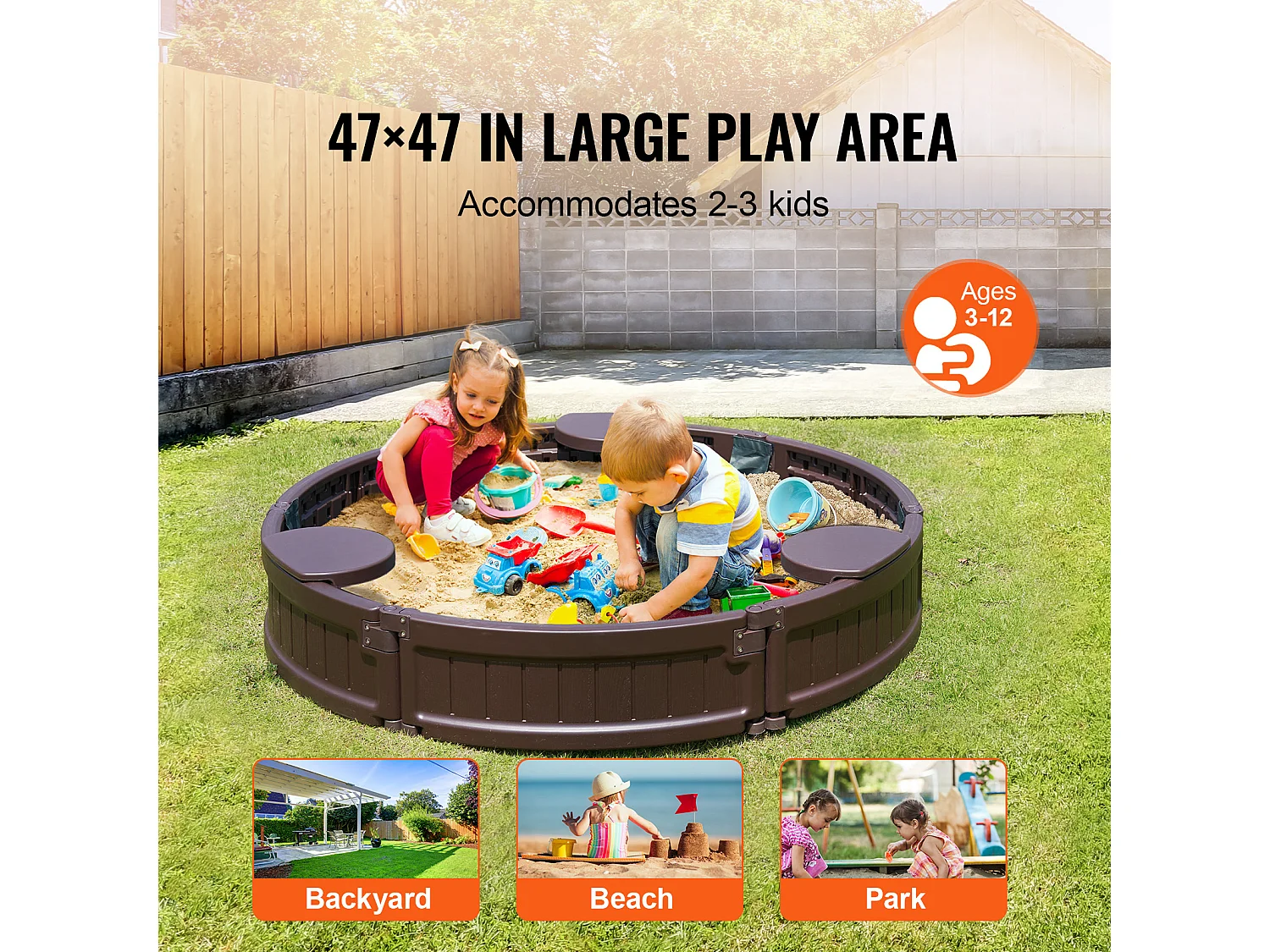 Bac à Sable SucceBuy, Rond HDPE, Extérieur Jardin, 3-12 Ans, pour Extérieur, Jardin, Plage, Parc