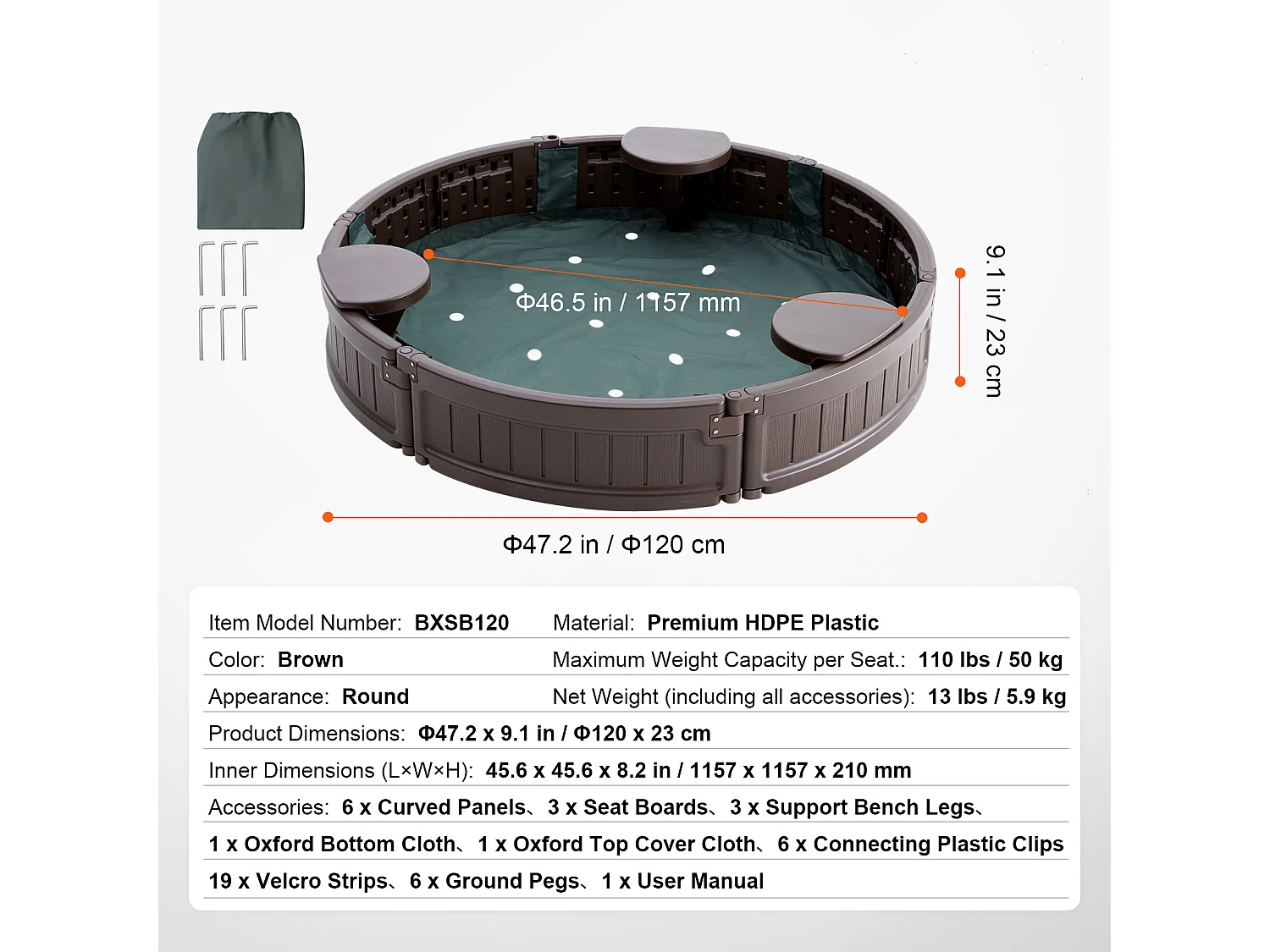 Bac à Sable SucceBuy, Rond HDPE, Extérieur Jardin, 3-12 Ans, pour Extérieur, Jardin, Plage, Parc