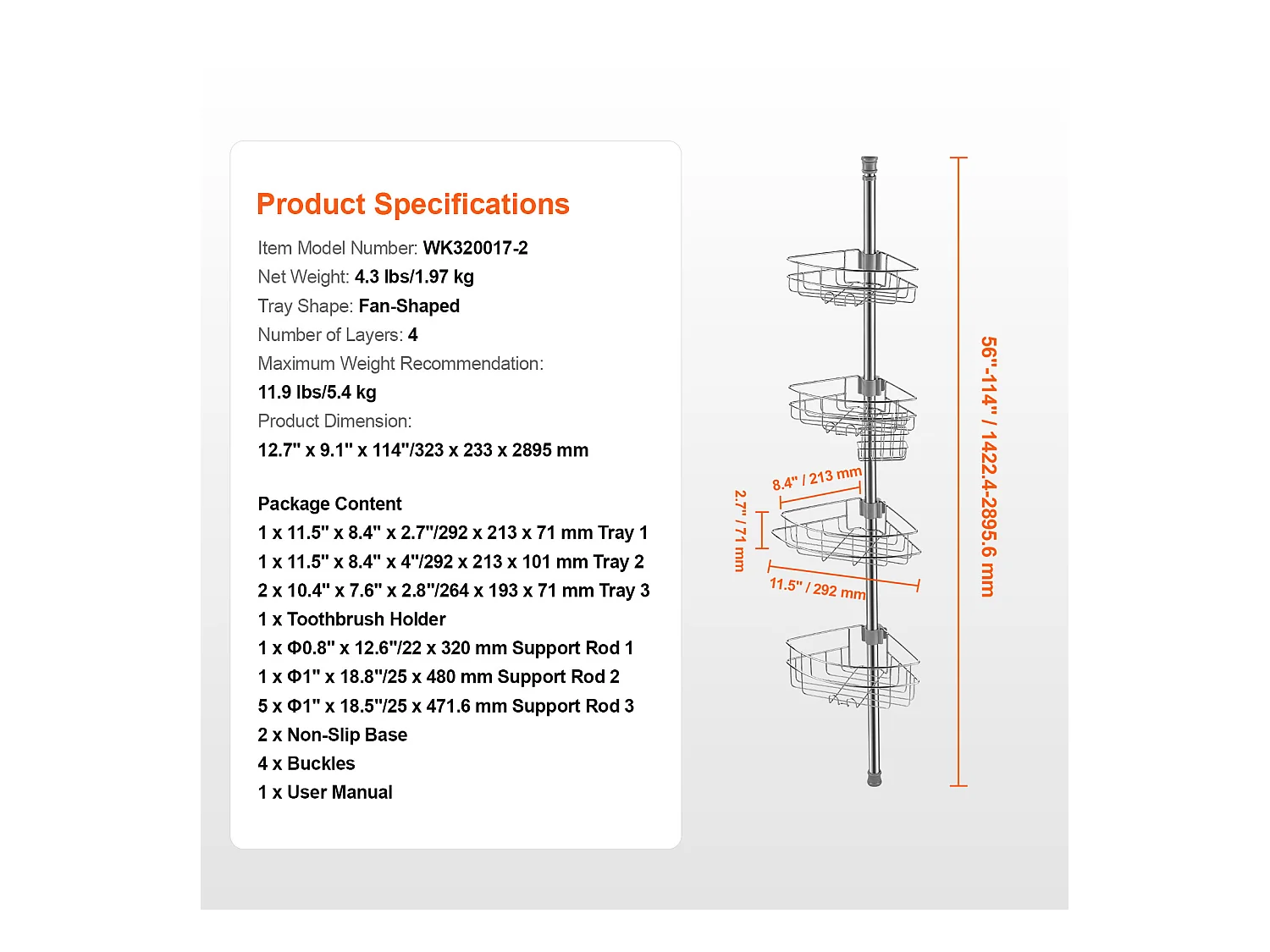 Étagère d'Angle de Douche SucceBuy Poteau de Tension pour Panier de Douche d'Angle de 1.42 m à 2.90 m de Hauteur, Antirouille