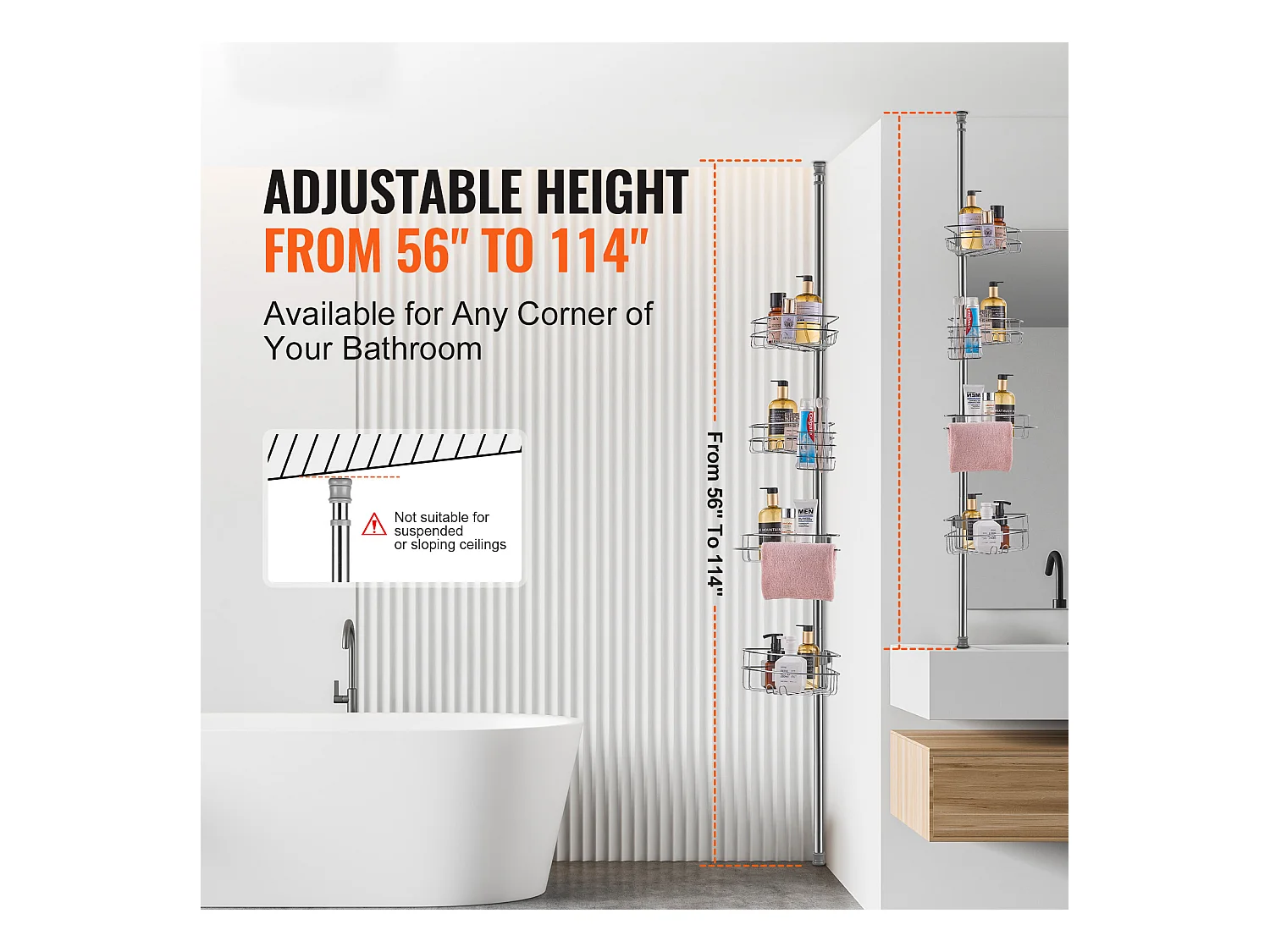 Étagère d'Angle de Douche SucceBuy Poteau de Tension pour Panier de Douche d'Angle de 1.42 m à 2.90 m de Hauteur, Antirouille