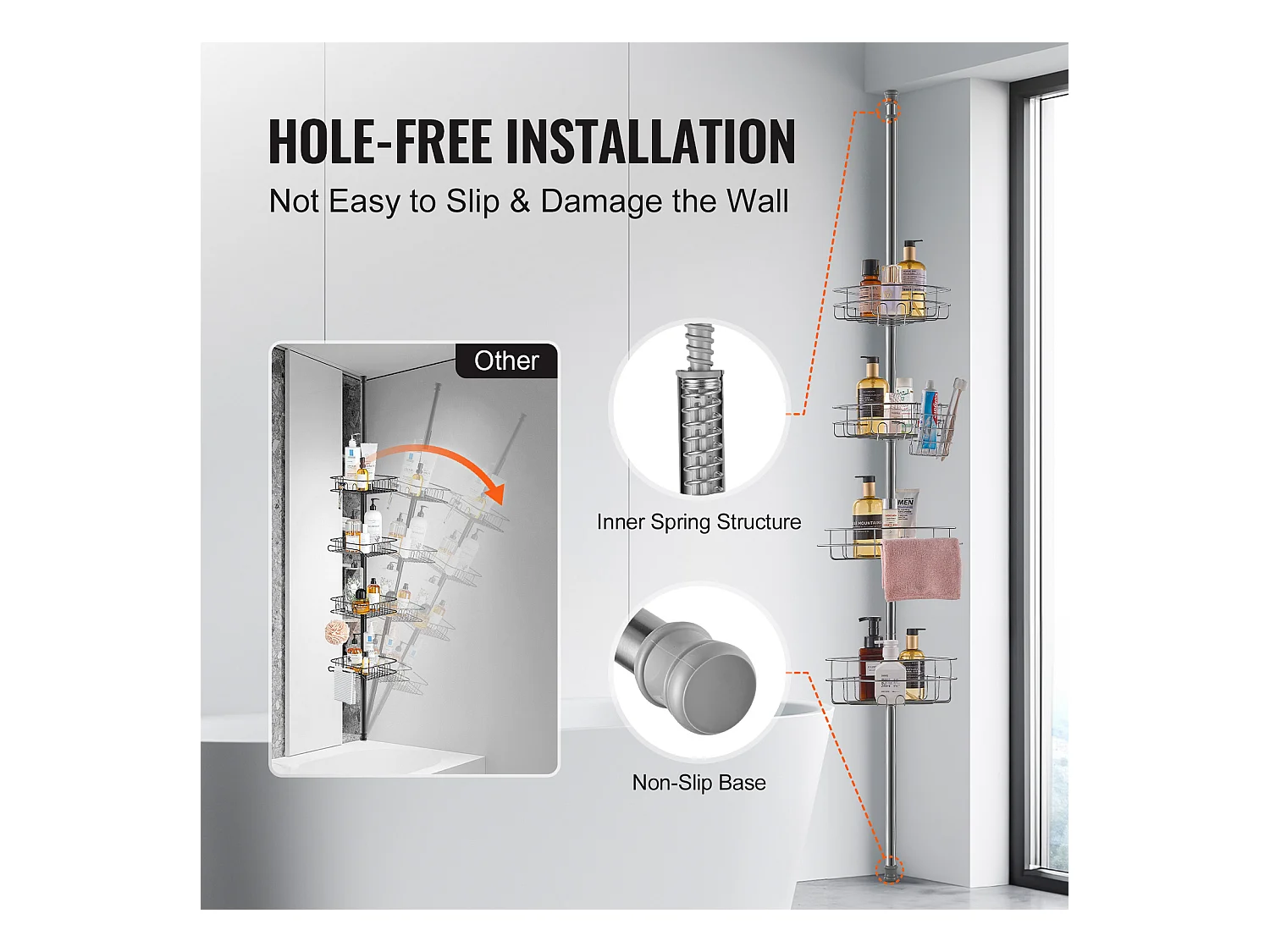 Étagère d'Angle de Douche SucceBuy Poteau de Tension pour Panier de Douche d'Angle de 1.42 m à 2.90 m de Hauteur, Antirouille