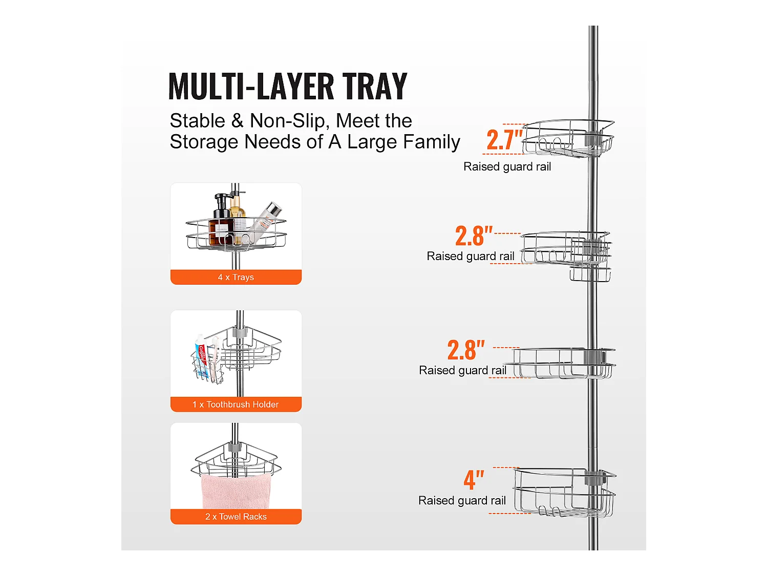 Douchehoekplank SucceBuy Hoekplank D D Hoekdouche Caddy Spanpot voor Hoekdouchemand 1.42m tot 2.90m Hoogte Roestvrij