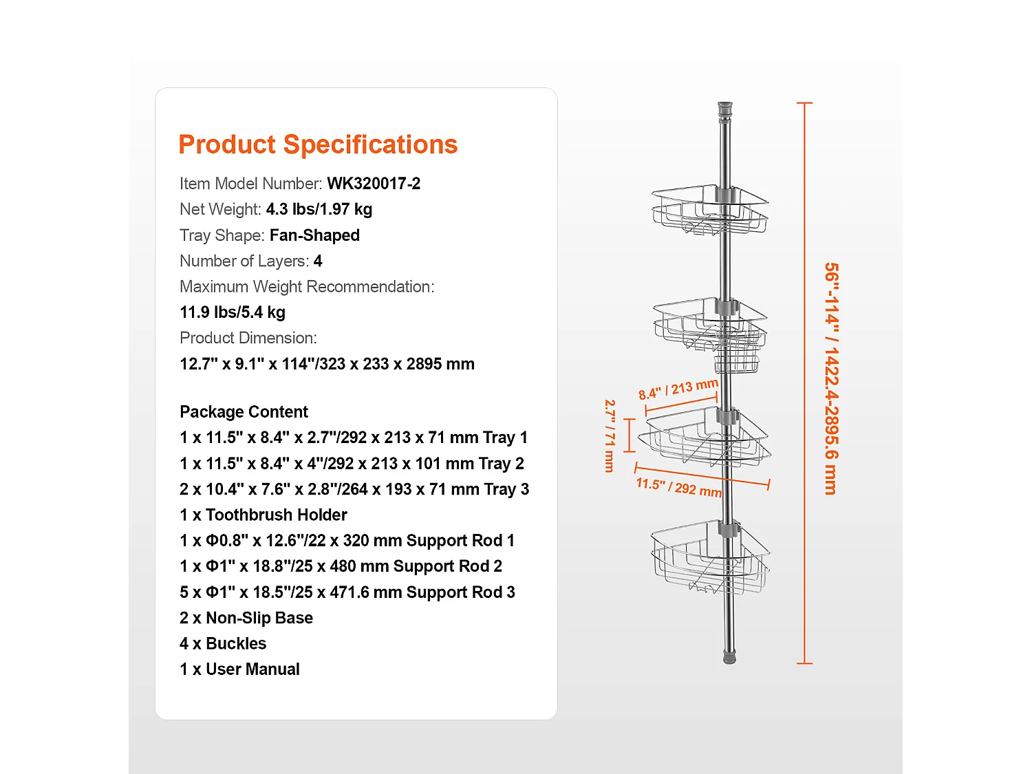 Mensola Angolare per Doccia SucceBuy Mensola Angolare per Doccia, Asta di Tensione per Cestello Angolare per Doccia da 1.42 m a 2.90 m di Altezza, Antiruggine