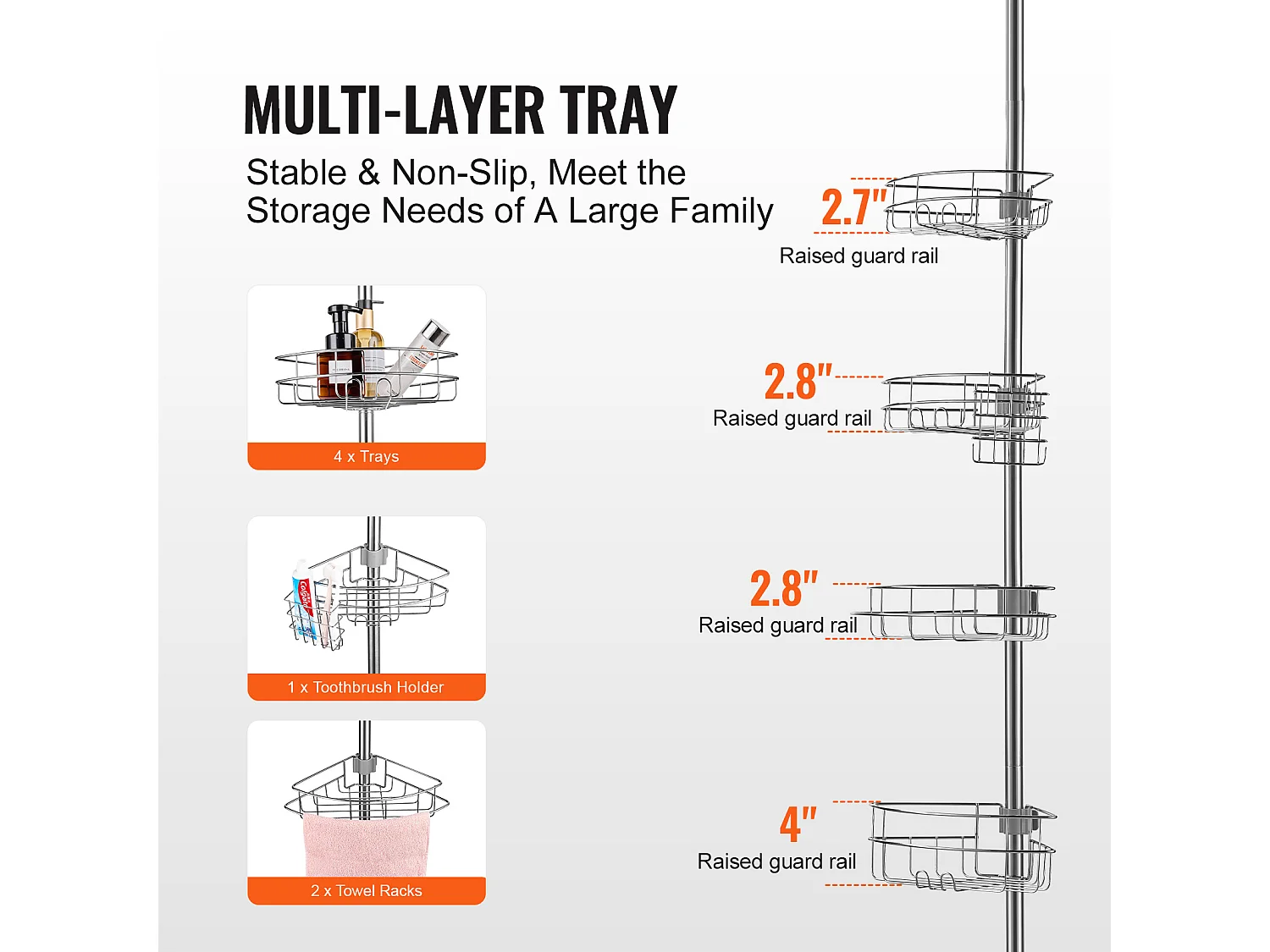 Mensola Angolare per Doccia SucceBuy Mensola Angolare per Doccia, Asta di Tensione per Cestello Angolare per Doccia da 1.42 m a 2.90 m di Altezza, Antiruggine