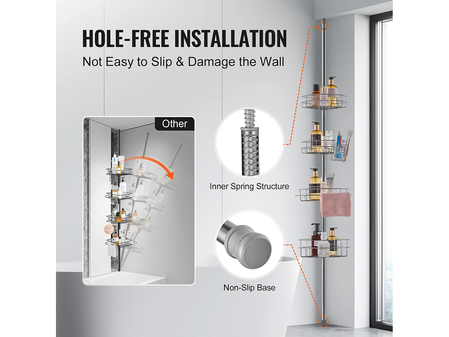 Mensola Angolare per Doccia SucceBuy Mensola Angolare per Doccia, Asta di Tensione per Cestello Angolare per Doccia da 1.42 m a 2.90 m di Altezza, Antiruggine