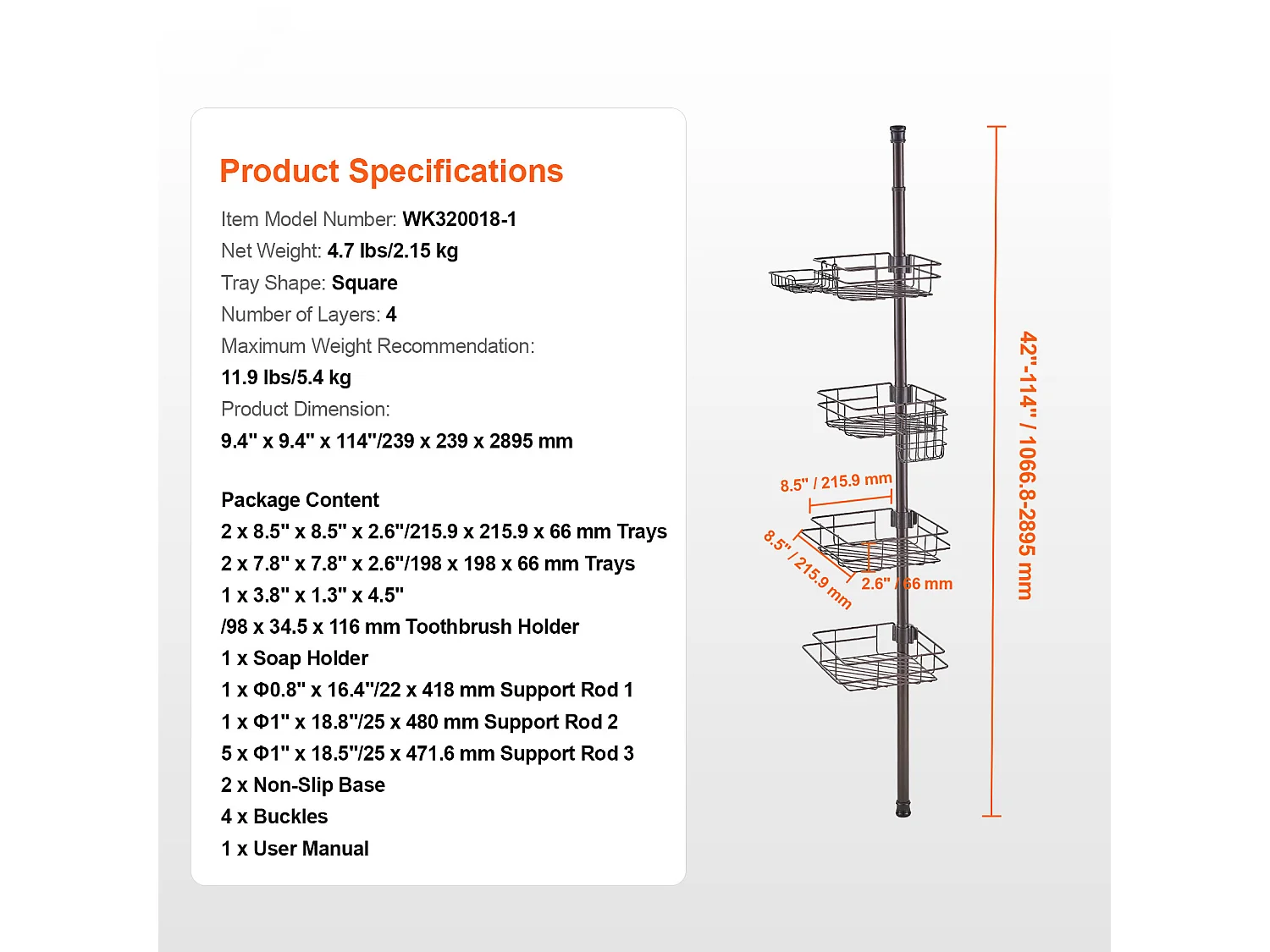 Étagère d'Angle de Douche SucceBuy Poteau de Tension pour Panier de Douche d'Angle de 1.06 m à 2.90 m, Antirouille