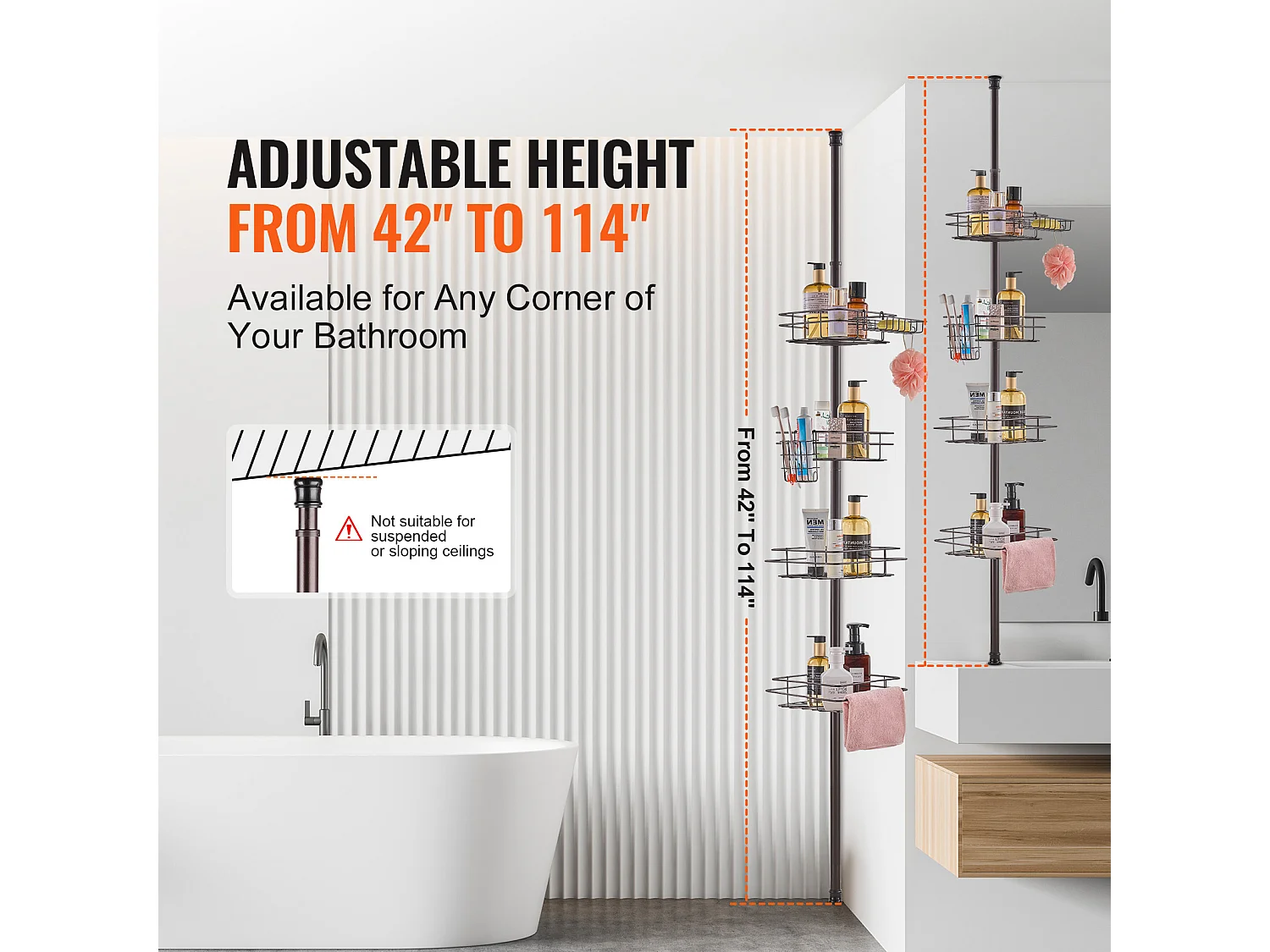 Étagère d'Angle de Douche SucceBuy Poteau de Tension pour Panier de Douche d'Angle de 1.06 m à 2.90 m, Antirouille