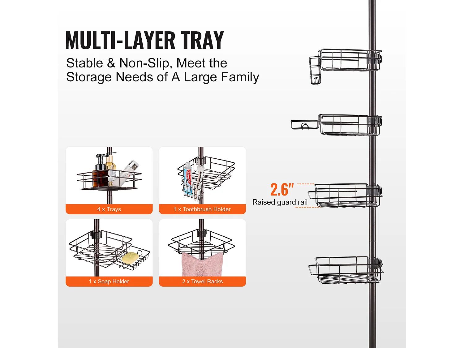Étagère d'Angle de Douche SucceBuy Poteau de Tension pour Panier de Douche d'Angle de 1.06 m à 2.90 m, Antirouille