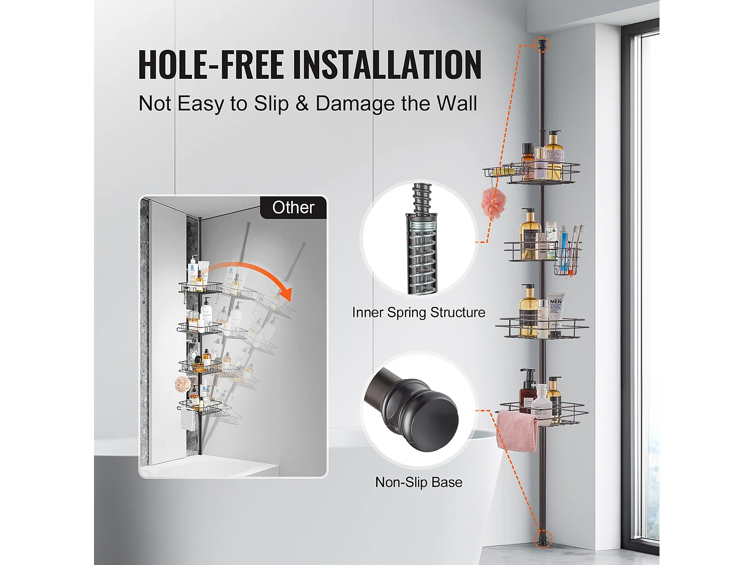 Étagère d'Angle de Douche SucceBuy Poteau de Tension pour Panier de Douche d'Angle de 1.06 m à 2.90 m, Antirouille