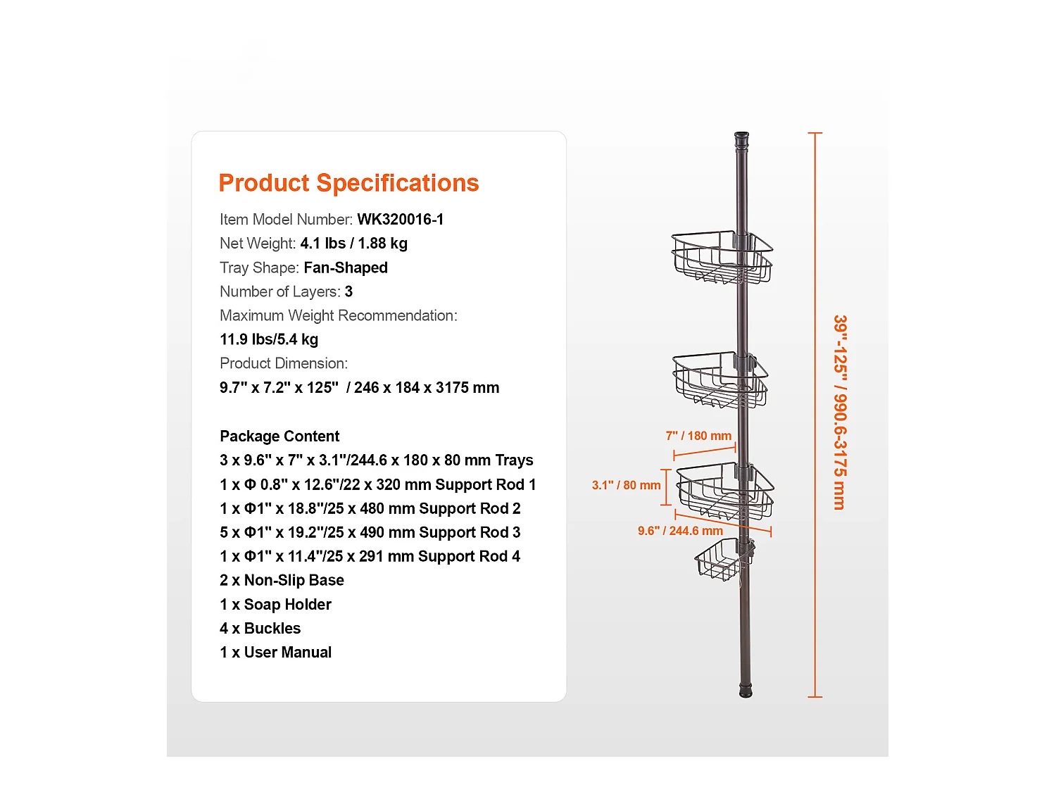 Douchehoekplank SucceBuy Hoekplank D D Hoekdouche Caddy Spanpot voor Hoekdouchemand 0.99m tot 3.17m Hoogte Antiroest