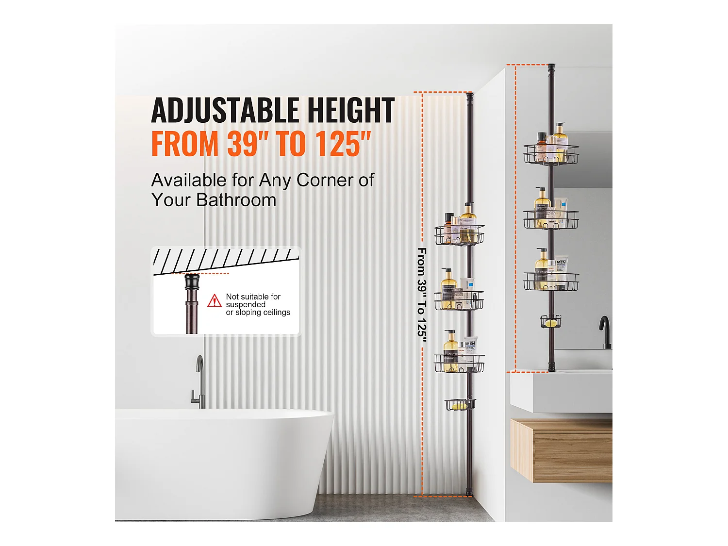 Douchehoekplank SucceBuy Hoekplank D D Hoekdouche Caddy Spanpot voor Hoekdouchemand 0.99m tot 3.17m Hoogte Antiroest