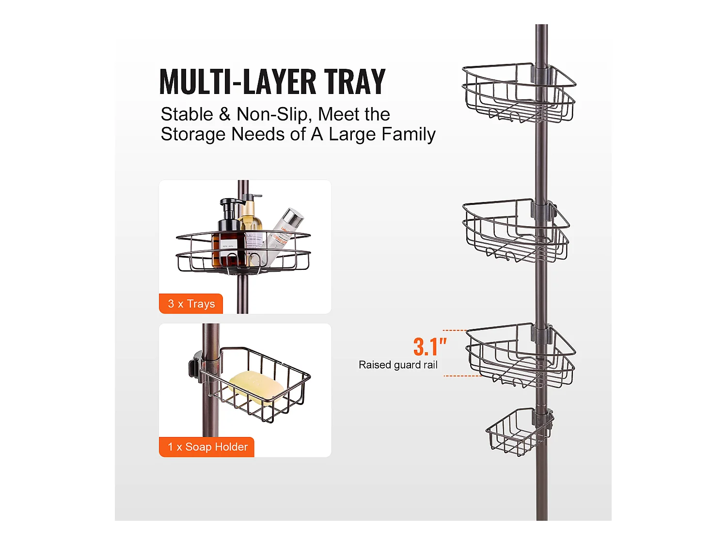 Douchehoekplank SucceBuy Hoekplank D D Hoekdouche Caddy Spanpot voor Hoekdouchemand 0.99m tot 3.17m Hoogte Antiroest