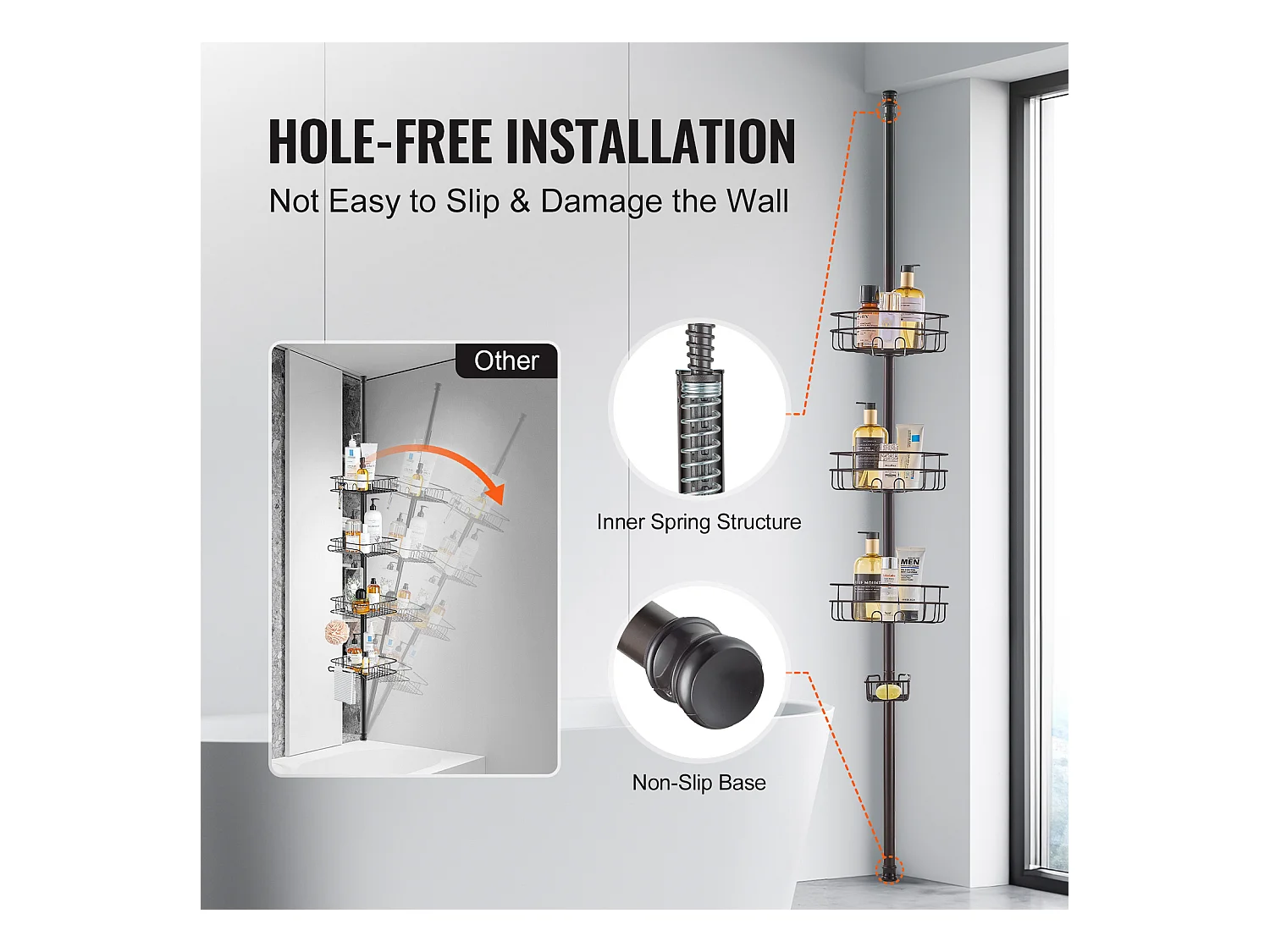 Douchehoekplank SucceBuy Hoekplank D D Hoekdouche Caddy Spanpot voor Hoekdouchemand 0.99m tot 3.17m Hoogte Antiroest