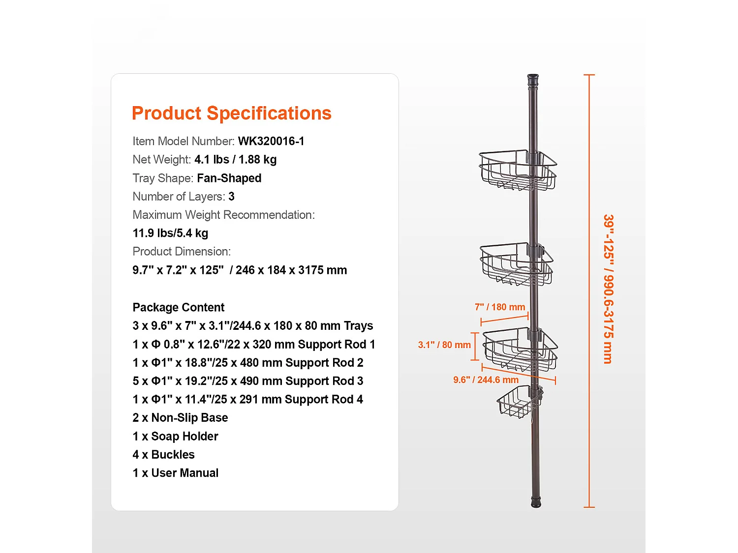 Étagère d'Angle de Douche SucceBuy Poteau de Tension pour Panier de Douche d'Angle de 0.99 m à 3.17 m de Hauteur, Antirouille