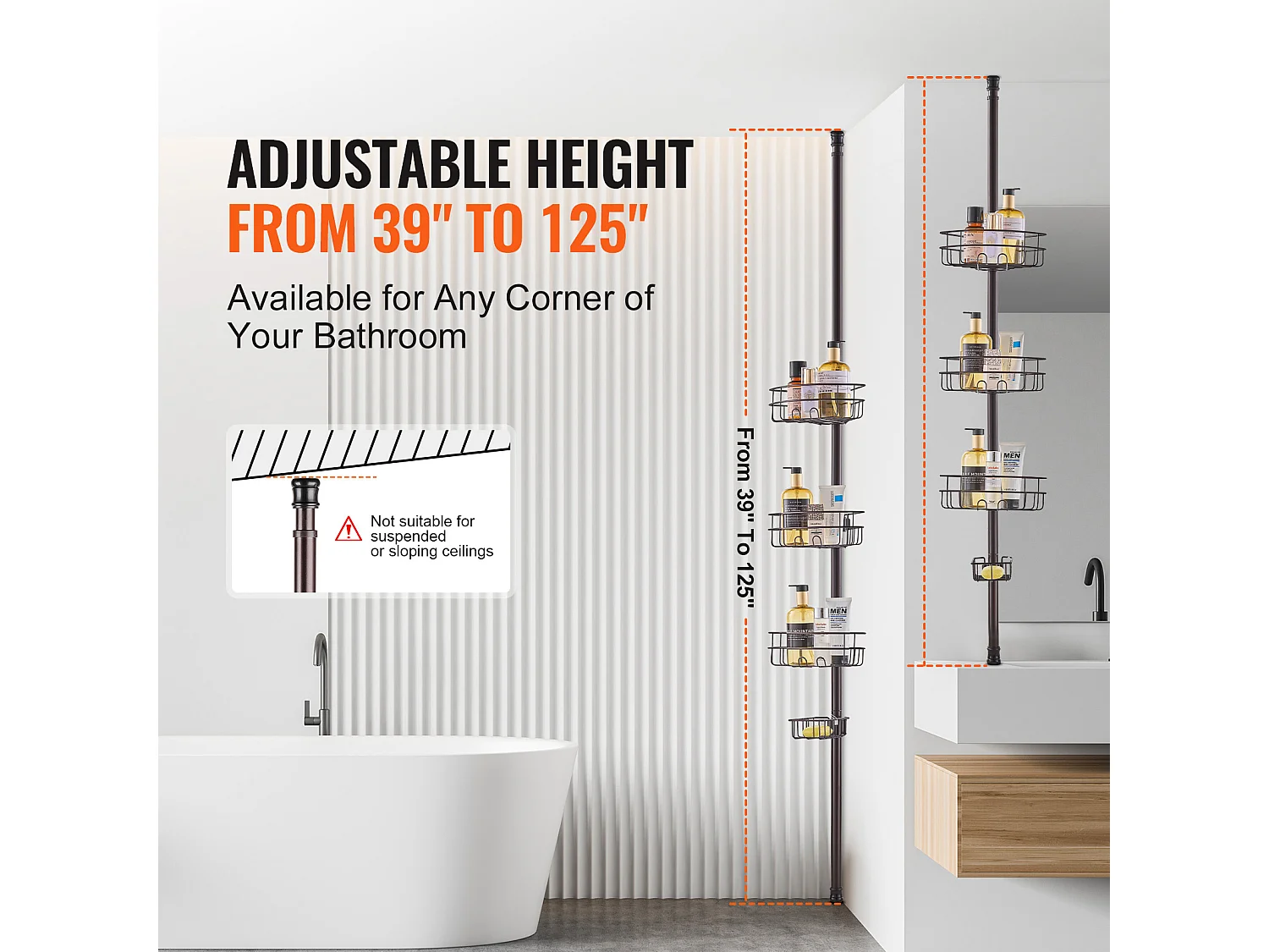Étagère d'Angle de Douche SucceBuy Poteau de Tension pour Panier de Douche d'Angle de 0.99 m à 3.17 m de Hauteur, Antirouille