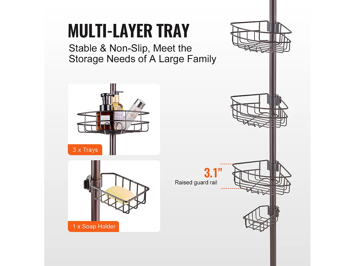 Étagère d'Angle de Douche SucceBuy Poteau de Tension pour Panier de Douche d'Angle de 0.99 m à 3.17 m de Hauteur, Antirouille