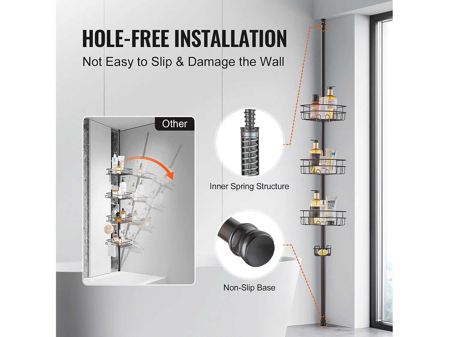 Étagère d'Angle de Douche SucceBuy Poteau de Tension pour Panier de Douche d'Angle de 0.99 m à 3.17 m de Hauteur, Antirouille