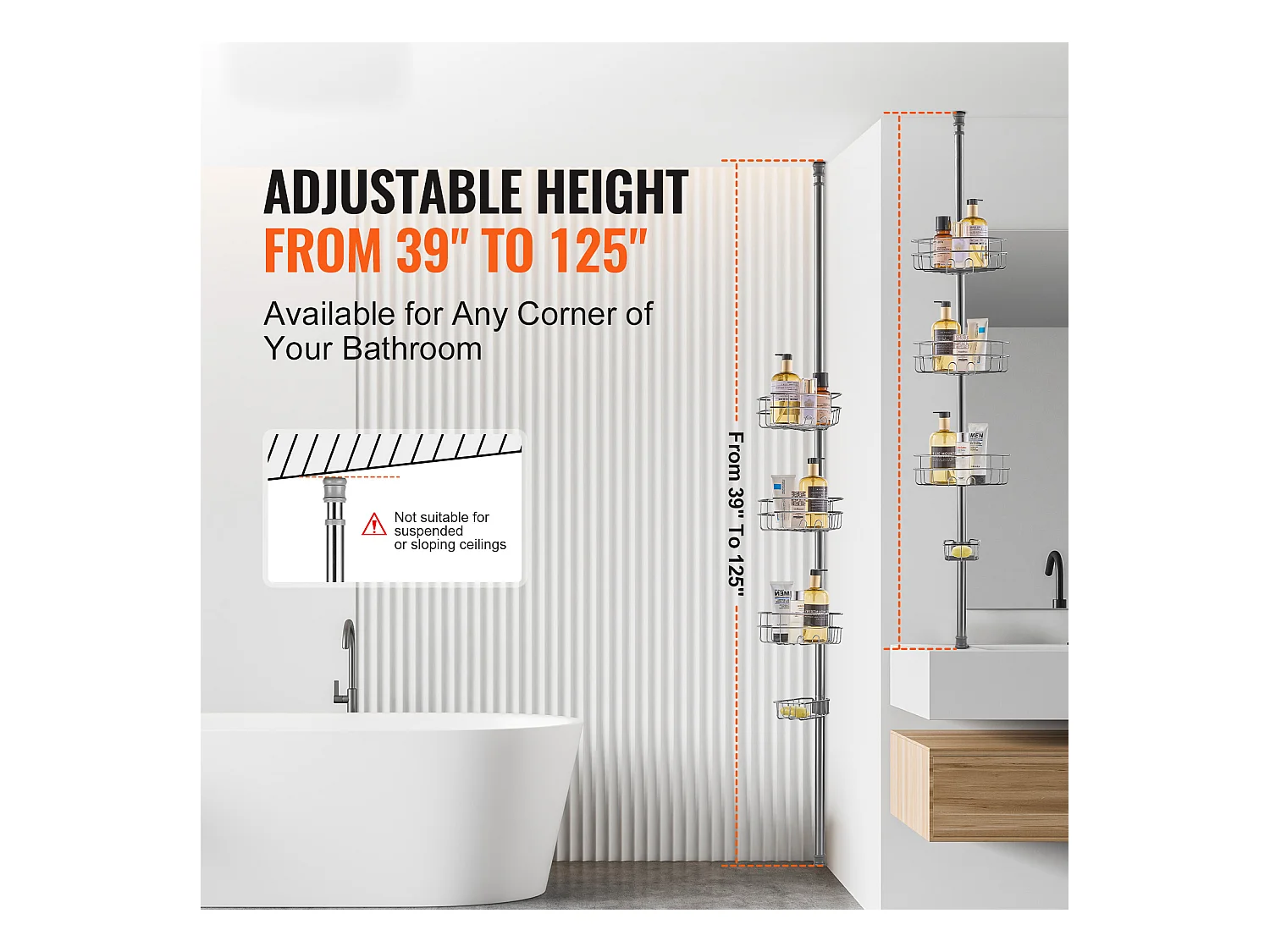 Étagère d'Angle de Douche SucceBuy Poteau de Tension pour Panier de Douche d'Angle de 0.99 m à 3.17 m de Hauteur, Antirouille