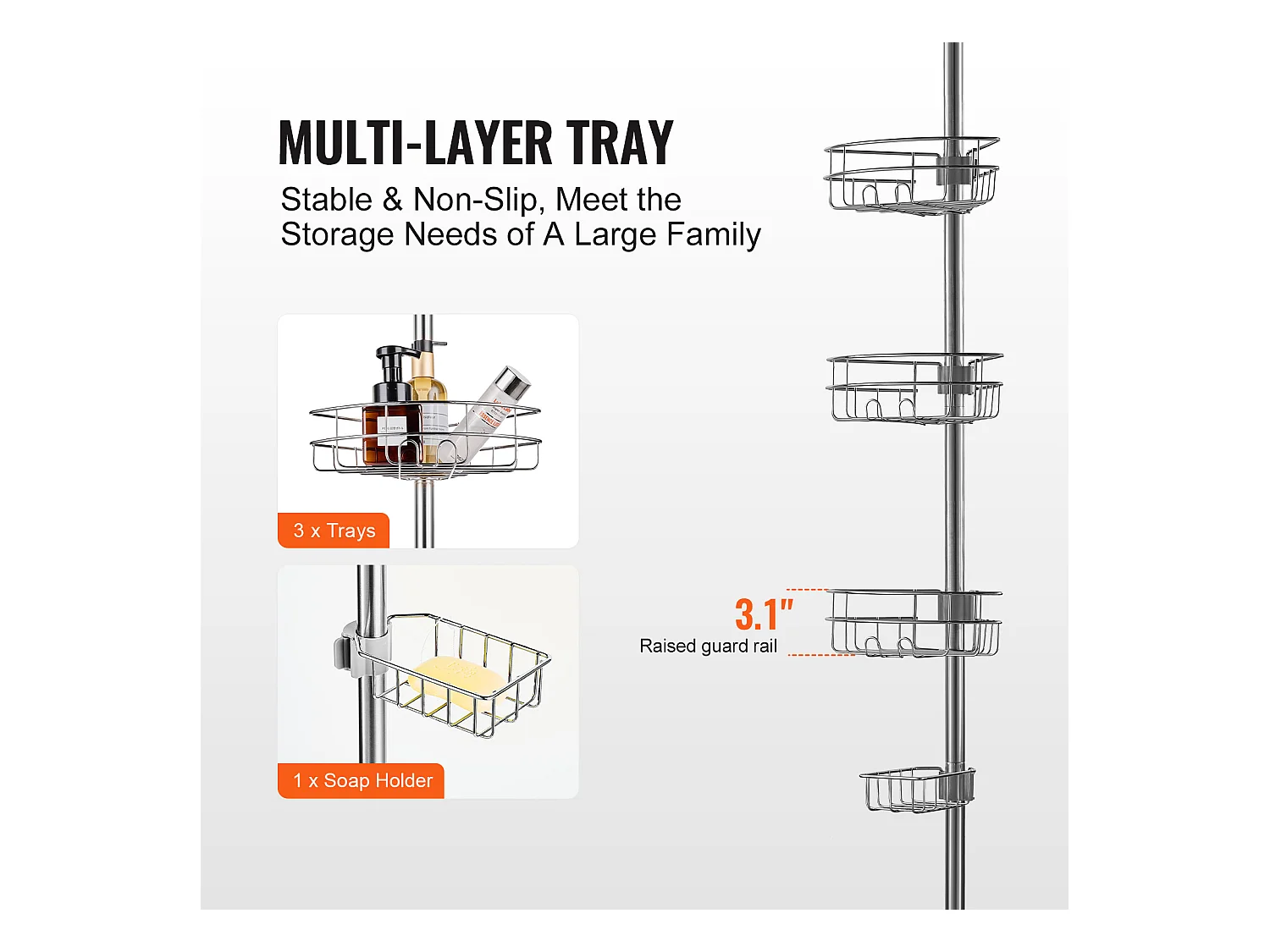Étagère d'Angle de Douche SucceBuy Poteau de Tension pour Panier de Douche d'Angle de 0.99 m à 3.17 m de Hauteur, Antirouille