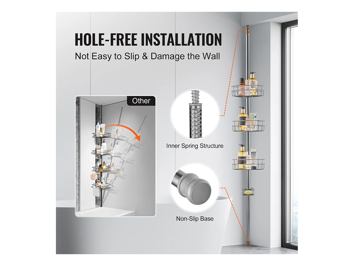 Étagère d'Angle de Douche SucceBuy Poteau de Tension pour Panier de Douche d'Angle de 0.99 m à 3.17 m de Hauteur, Antirouille