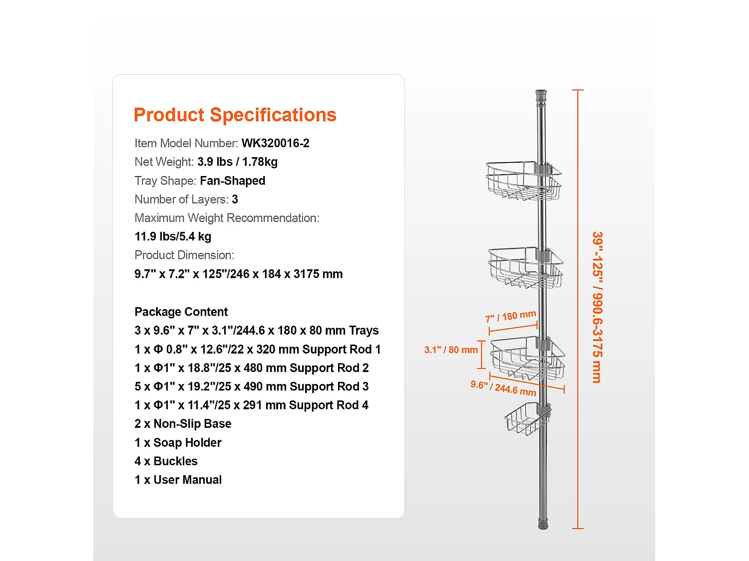 Étagère d'Angle de Douche SucceBuy Poteau de Tension pour Panier de Douche d'Angle de 0.99 m à 3.17 m de Hauteur, Antirouille
