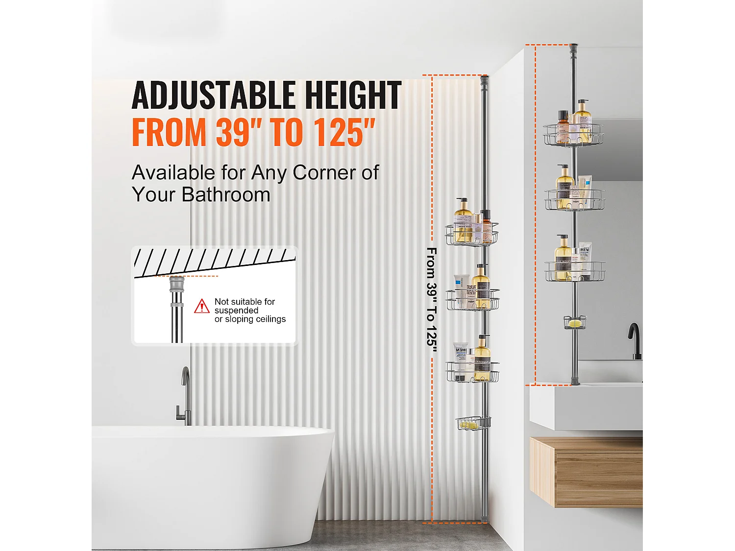 Étagère d'Angle de Douche SucceBuy Poteau de Tension pour Panier de Douche d'Angle de 0.99 m à 3.17 m de Hauteur, Antirouille