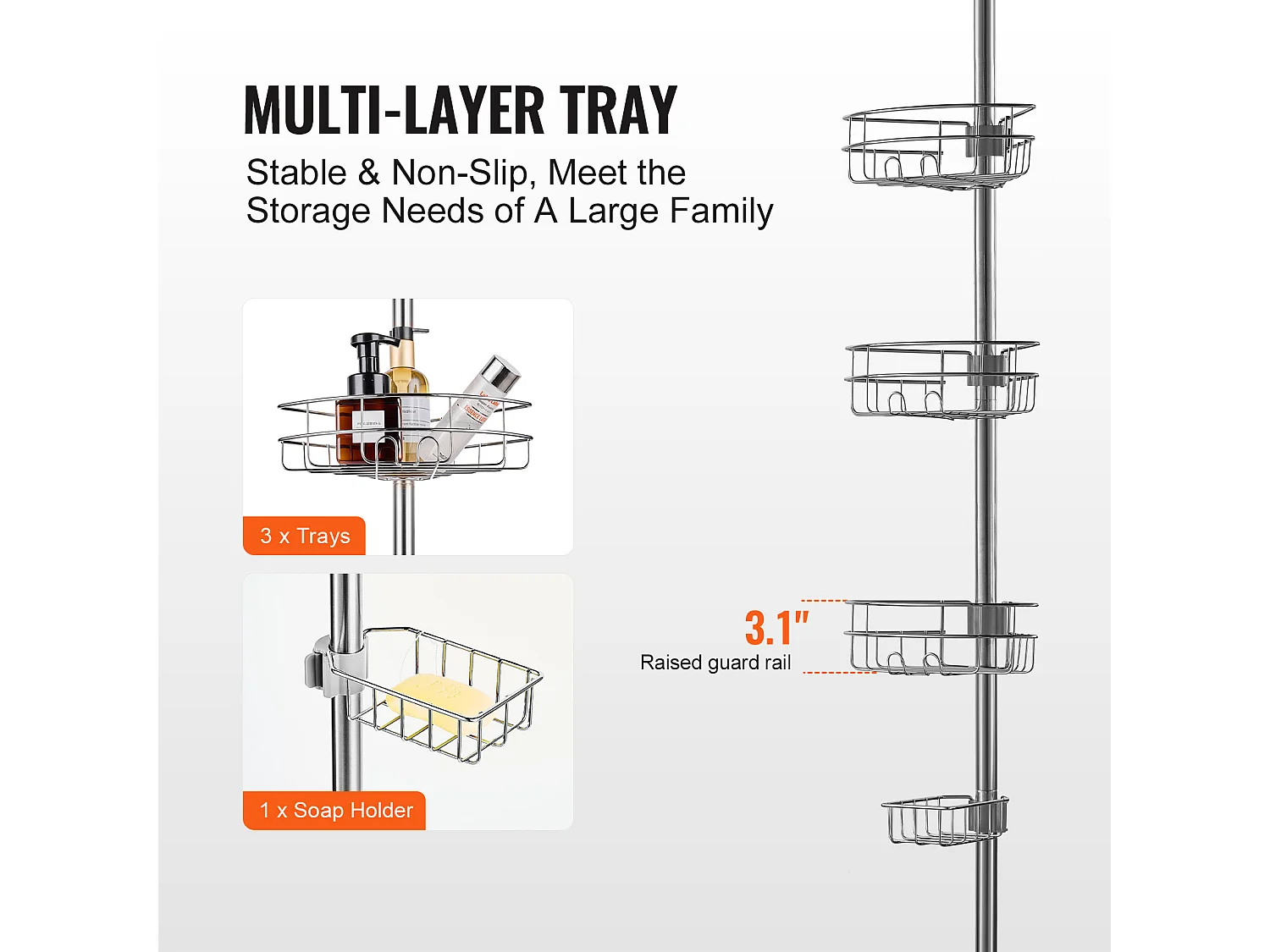 Étagère d'Angle de Douche SucceBuy Poteau de Tension pour Panier de Douche d'Angle de 0.99 m à 3.17 m de Hauteur, Antirouille