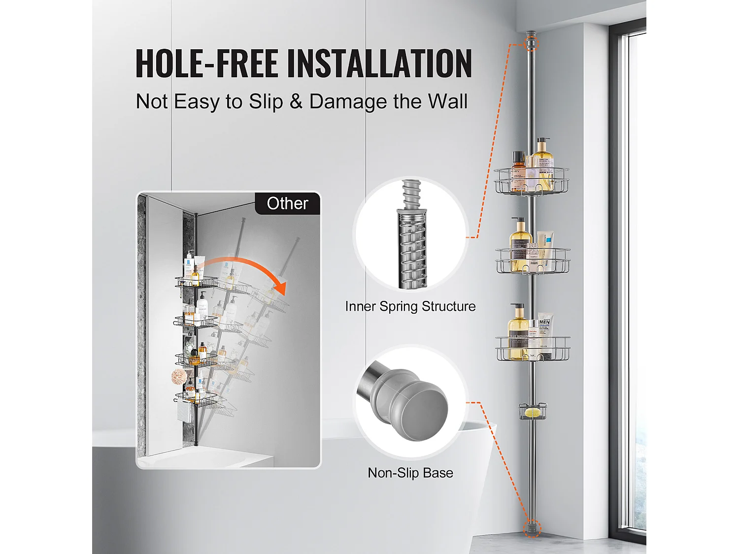 Étagère d'Angle de Douche SucceBuy Poteau de Tension pour Panier de Douche d'Angle de 0.99 m à 3.17 m de Hauteur, Antirouille