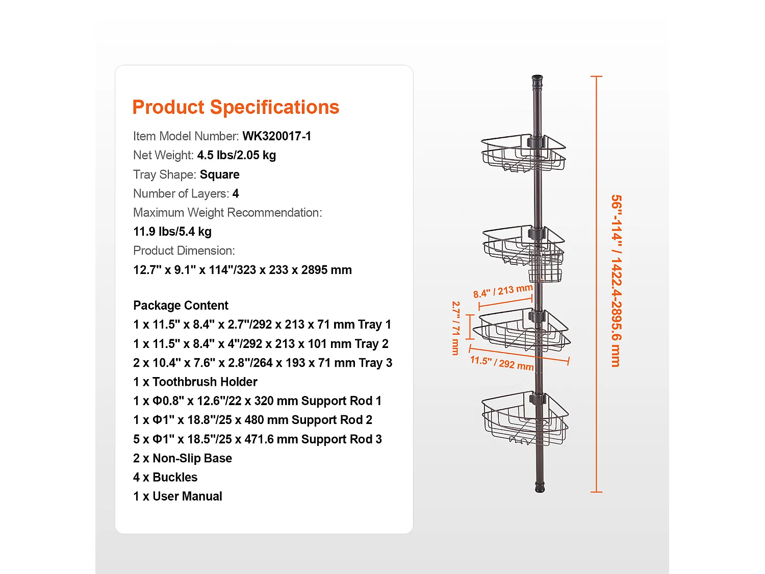 Étagère d'Angle de Douche SucceBuy Poteau de Tension pour Panier de Douche d'Angle de 1.42 m à 2.90 m de Hauteur, Antirouille