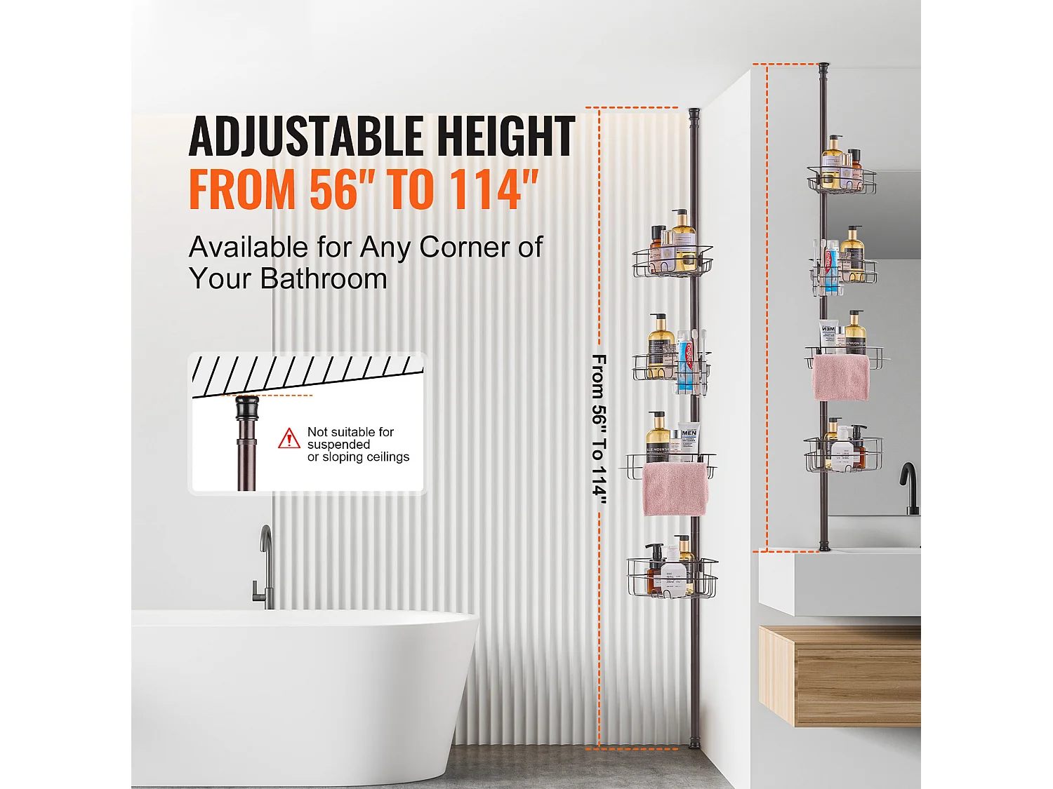 Étagère d'Angle de Douche SucceBuy Poteau de Tension pour Panier de Douche d'Angle de 1.42 m à 2.90 m de Hauteur, Antirouille