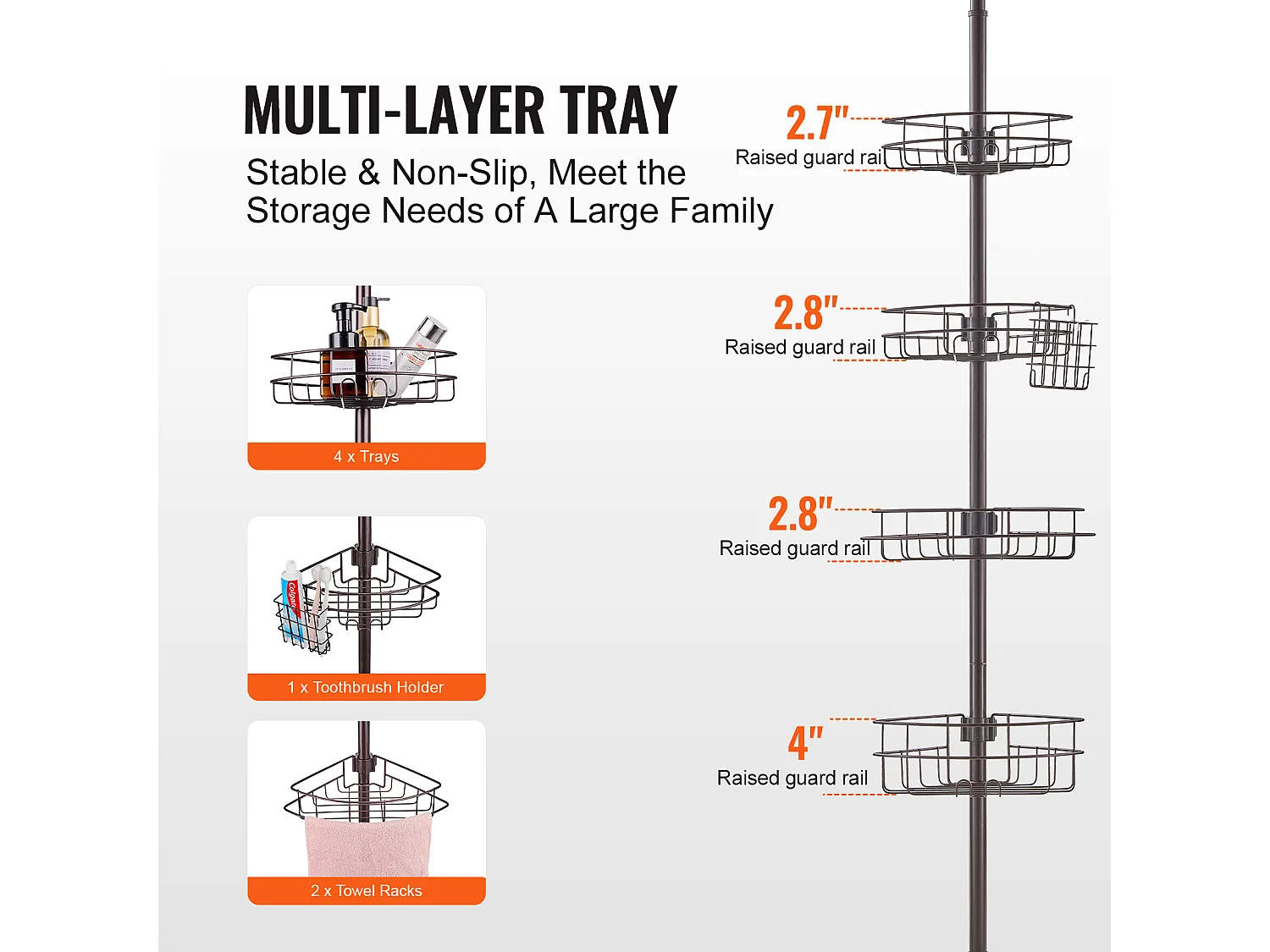 Étagère d'Angle de Douche SucceBuy Poteau de Tension pour Panier de Douche d'Angle de 1.42 m à 2.90 m de Hauteur, Antirouille
