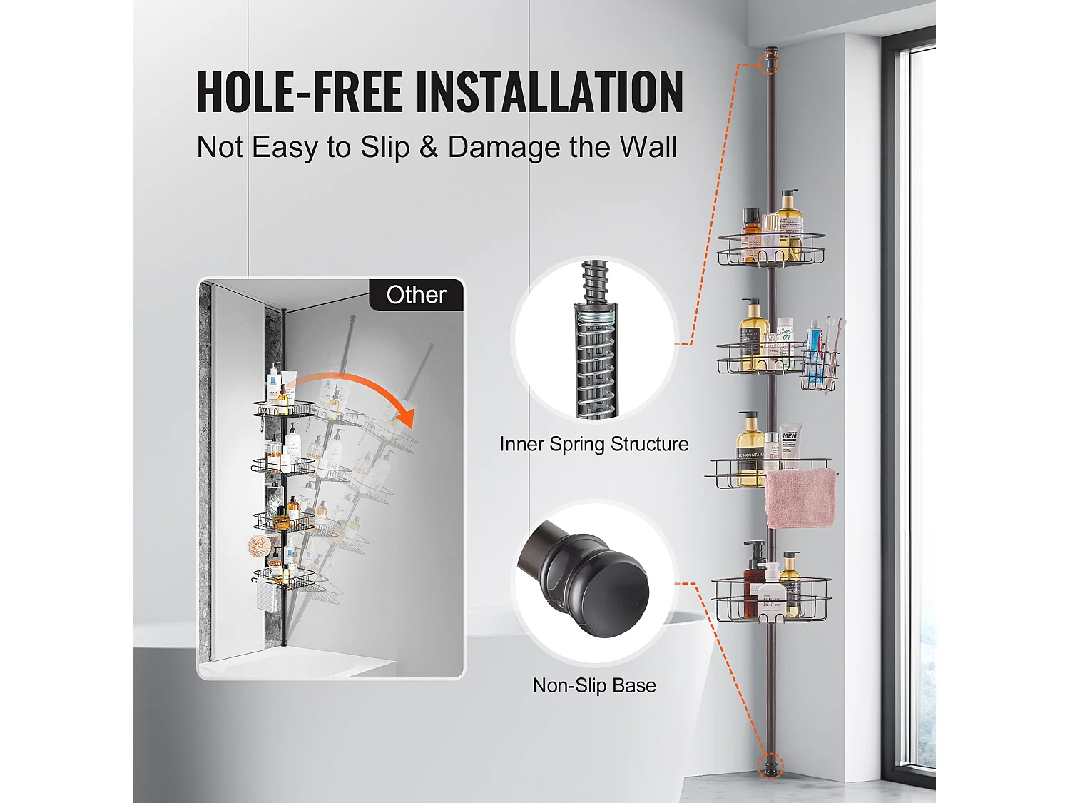 Étagère d'Angle de Douche SucceBuy Poteau de Tension pour Panier de Douche d'Angle de 1.42 m à 2.90 m de Hauteur, Antirouille