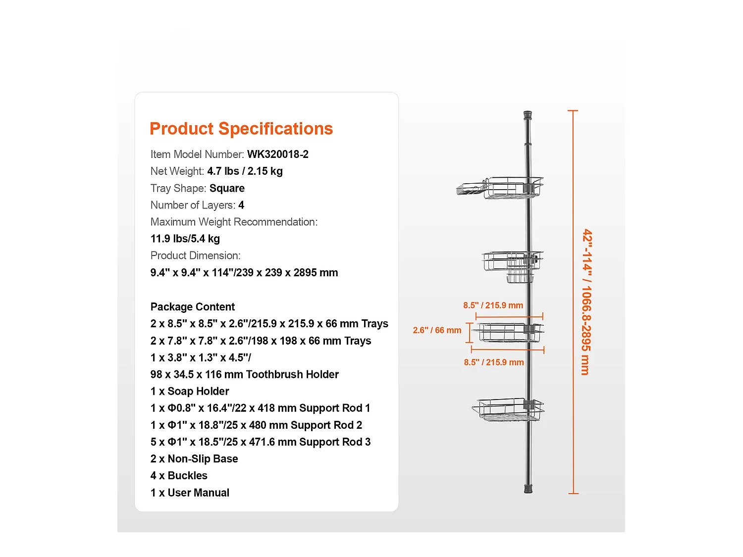 Eckregal für die Dusche SucceBuy Dusch-Eckregal Spannstange für 1.06m–2.90m Hohe Eck-Duschkörbe Rostfrei