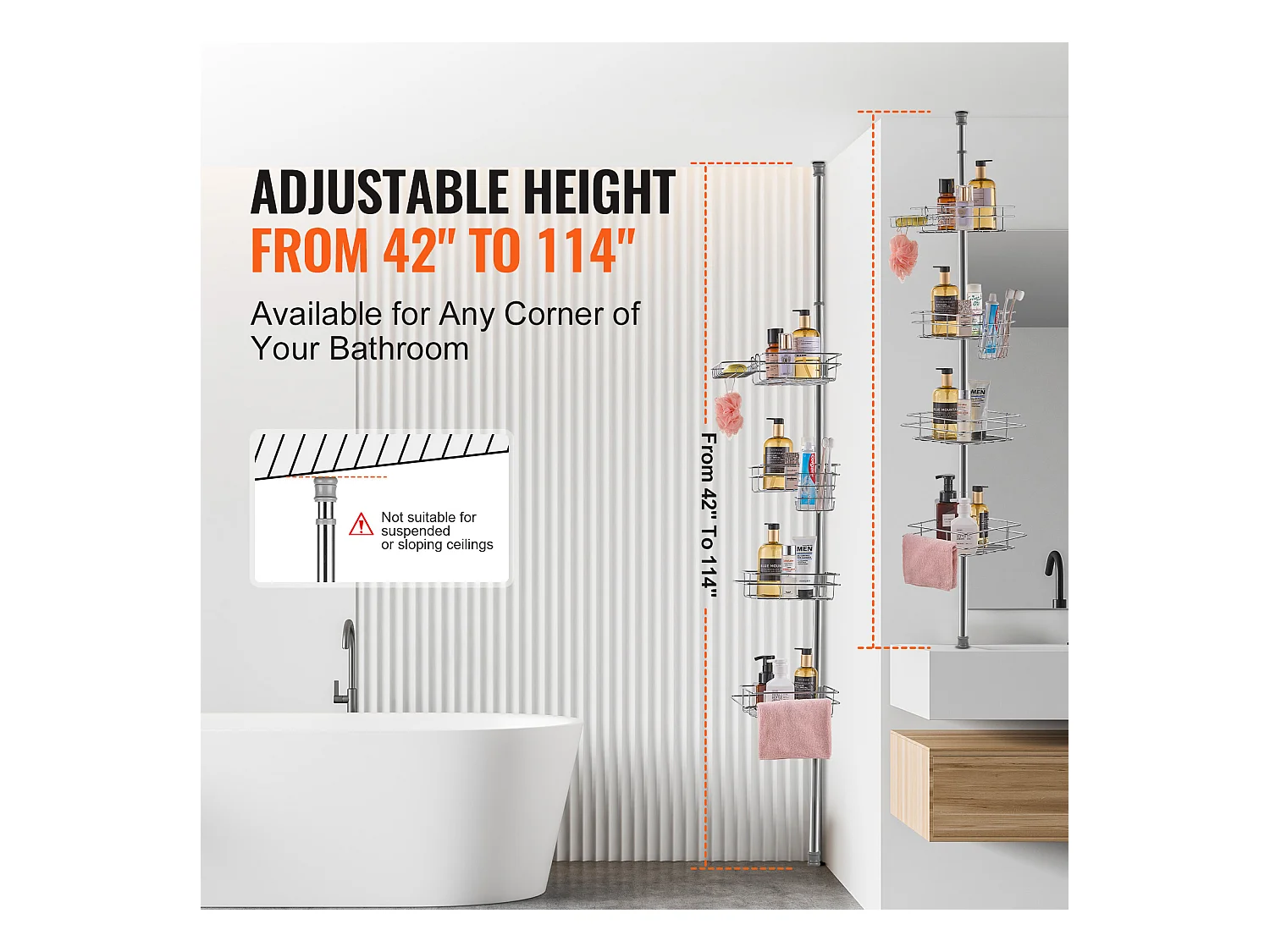 Eckregal für die Dusche SucceBuy Dusch-Eckregal Spannstange für 1.06m–2.90m Hohe Eck-Duschkörbe Rostfrei