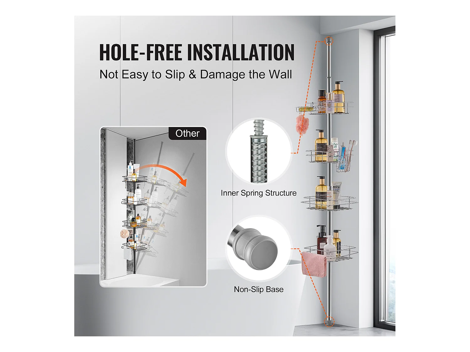 Eckregal für die Dusche SucceBuy Dusch-Eckregal Spannstange für 1.06m–2.90m Hohe Eck-Duschkörbe Rostfrei