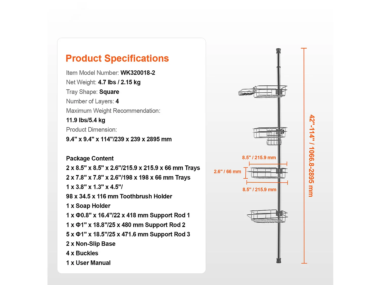 Eckregal für die Dusche SucceBuy Dusch-Eckregal Spannstange für 1.06m–2.90m Hohe Eck-Duschkörbe Rostfrei