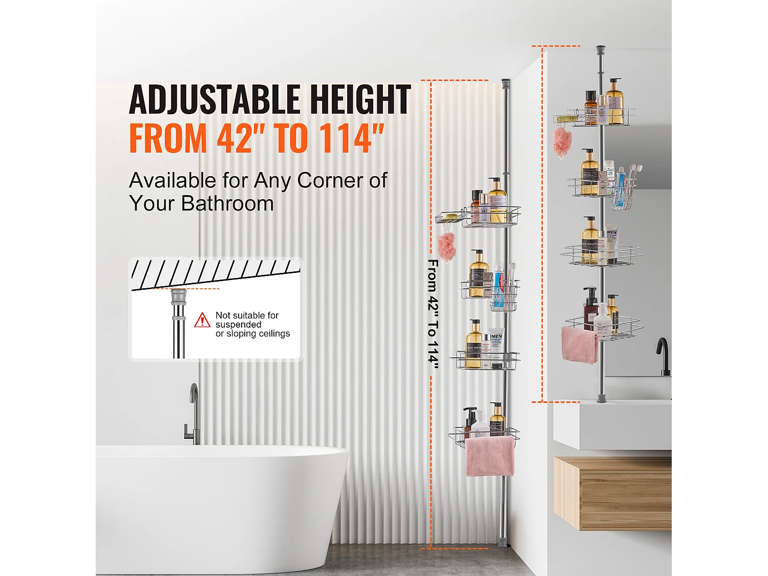 Eckregal für die Dusche SucceBuy Dusch-Eckregal Spannstange für 1.06m–2.90m Hohe Eck-Duschkörbe Rostfrei