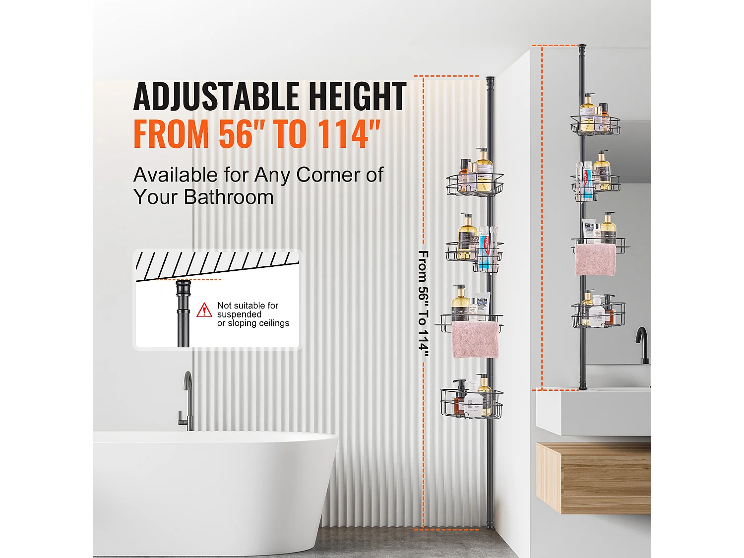 Étagère d'Angle de Douche SucceBuy Poteau de Tension pour Panier de Douche d'Angle de 1.42 m à 2.90 m de Hauteur, Antirouille