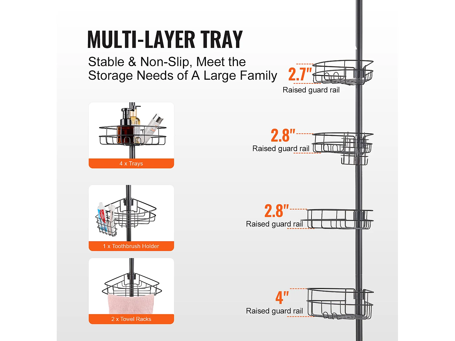Étagère d'Angle de Douche SucceBuy Poteau de Tension pour Panier de Douche d'Angle de 1.42 m à 2.90 m de Hauteur, Antirouille
